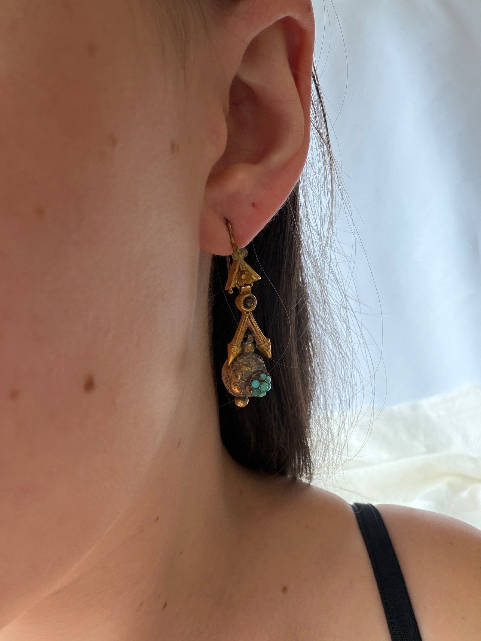 ANTIQUE VICTORIAN TURQUOISE ORB DROP EARRINGS IN GOLD - 8