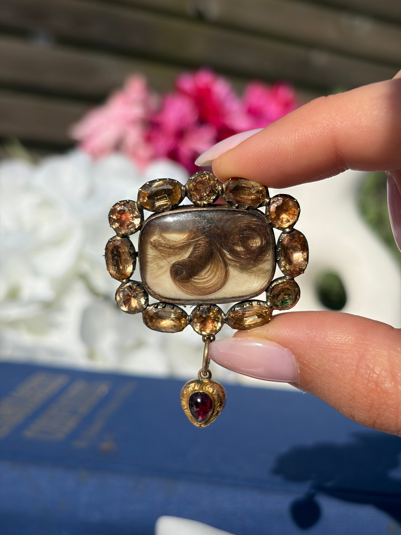 ANTIQUE GOLD MOURNING DOUBLE LOCKET HAIR BROOCH WITH TOPAZ HALO AND GARNET HANGING HEART - 2