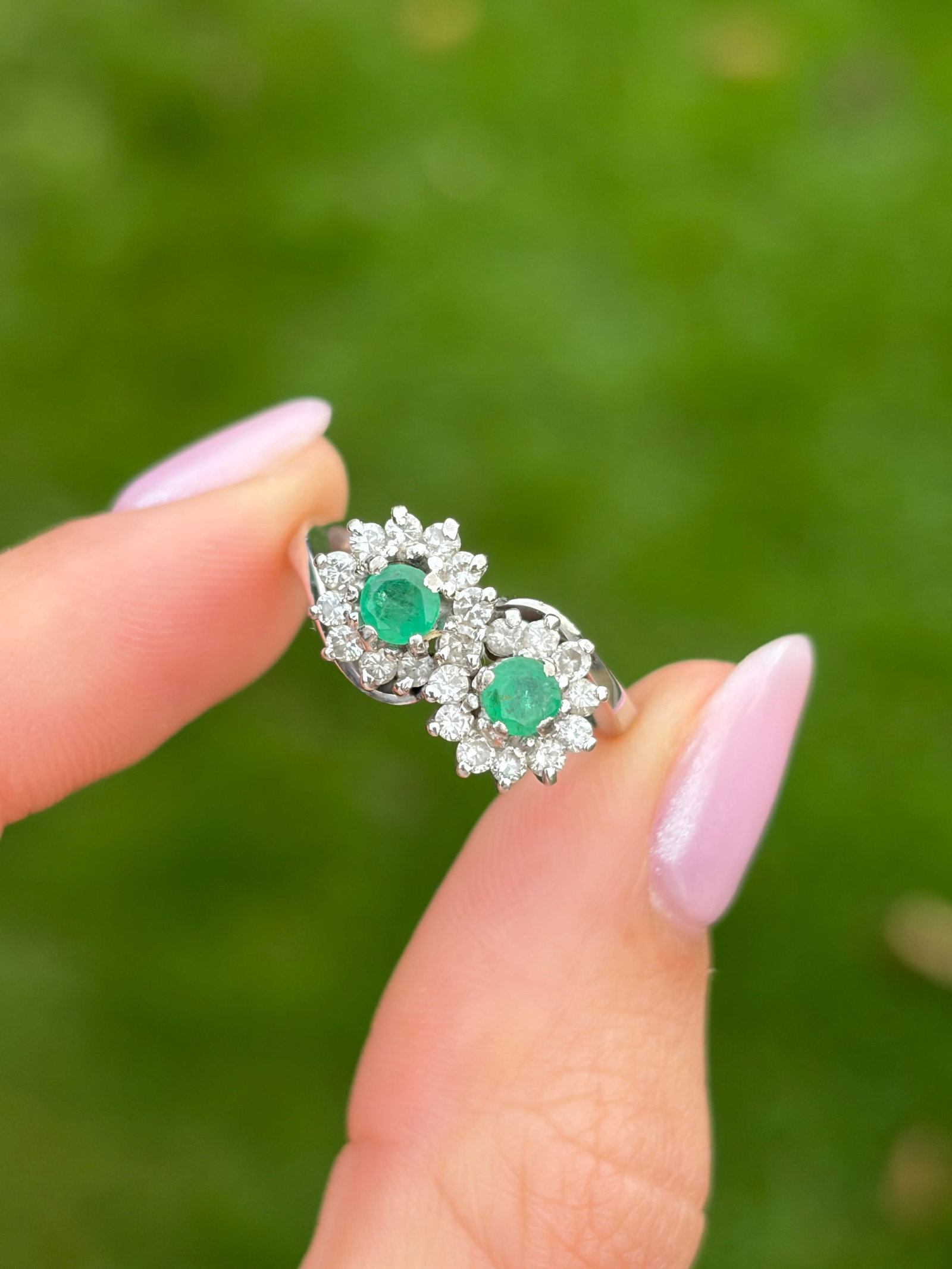 Vintage 18 Carat White Gold Emerald and Diamond Double Cluster Ring - 10