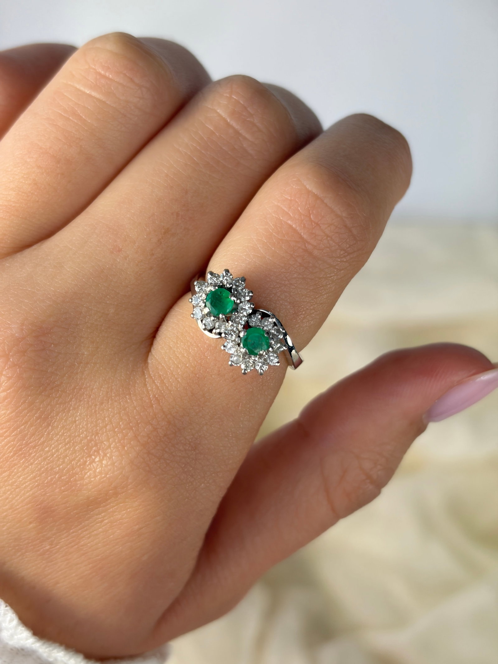 Vintage 18 Carat White Gold Emerald and Diamond Double Cluster Ring - 9