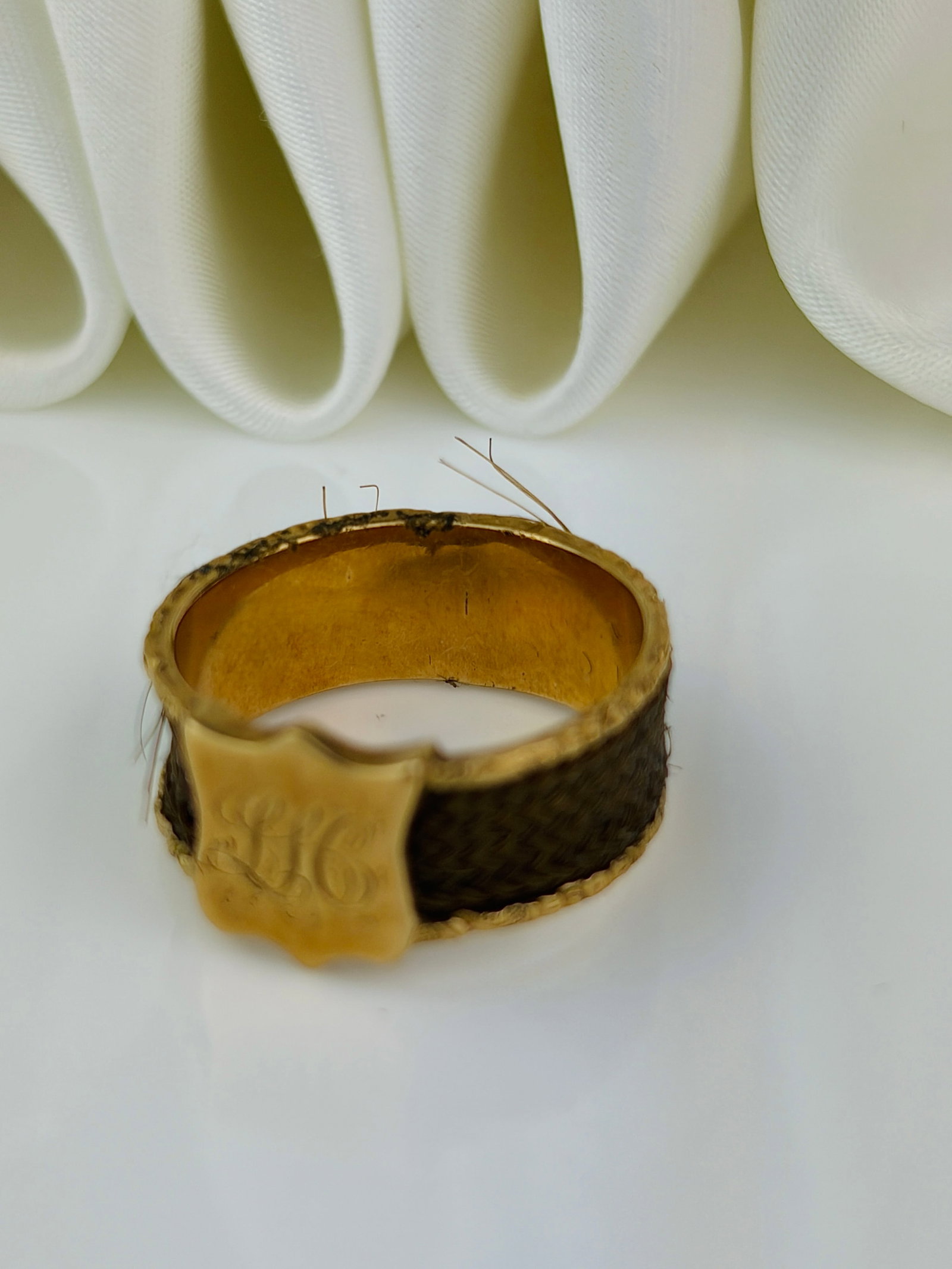 antique gold and hair 'LH' memorial wide band ring - 4