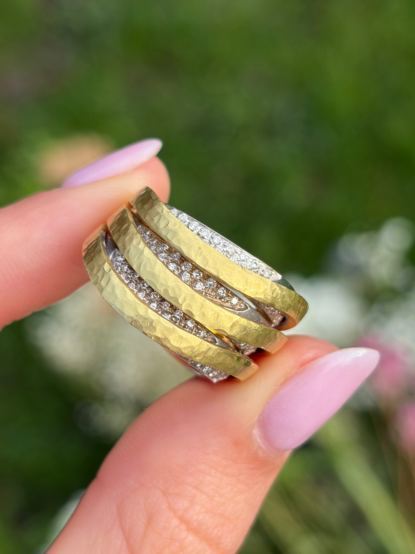 heavy Modern Style 18ct White Gold and Yellow Gold multi row Diamond band Ring - 10