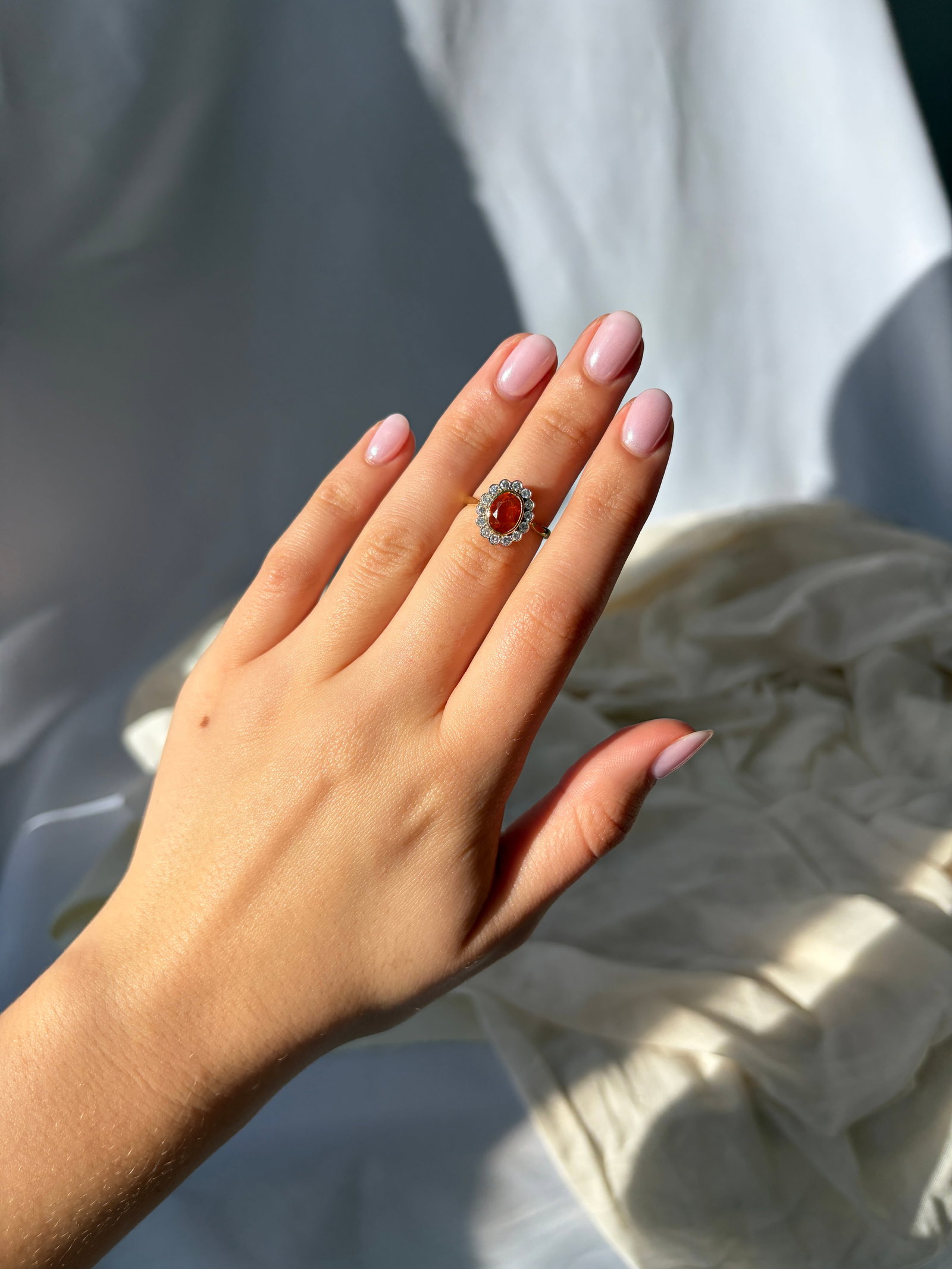 Vintage Fire Opal and Diamond 18 Carat Cluster Ring - 9
