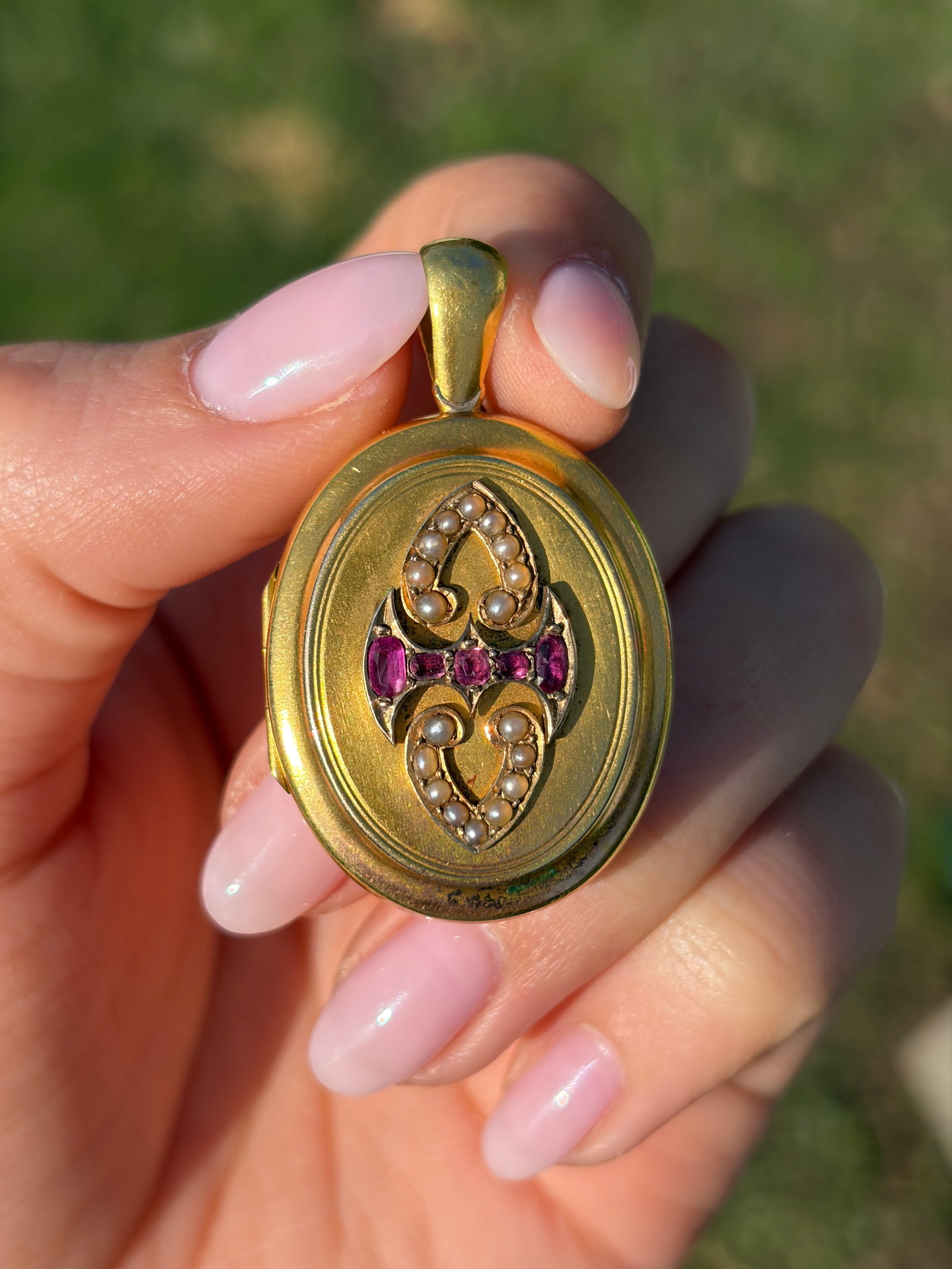 ANTIQUE 18CT YELLOW GOLD RUBY AND PEARL LOCKET PENDANT - 2