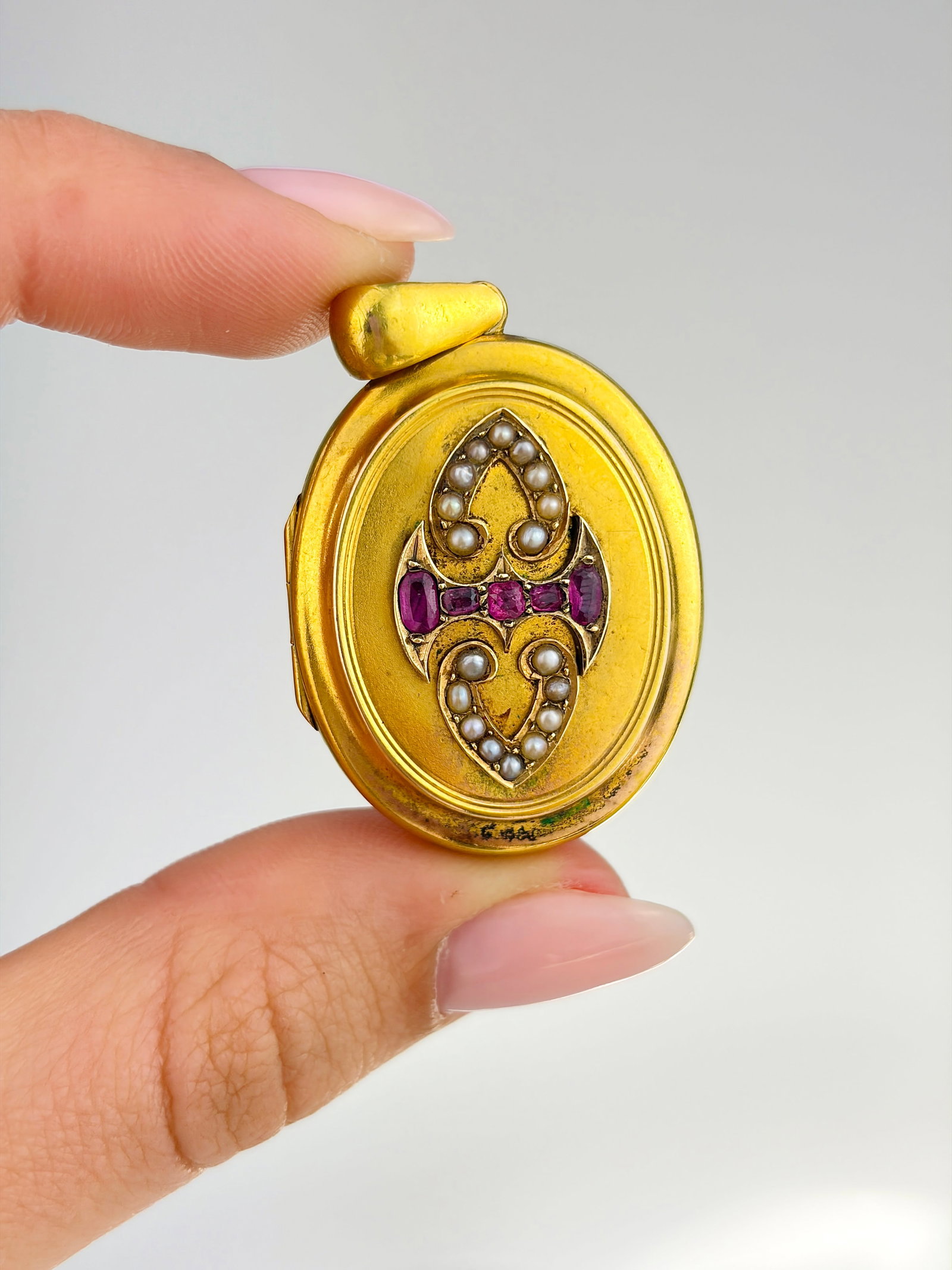 ANTIQUE 18CT YELLOW GOLD RUBY AND PEARL LOCKET PENDANT - 5