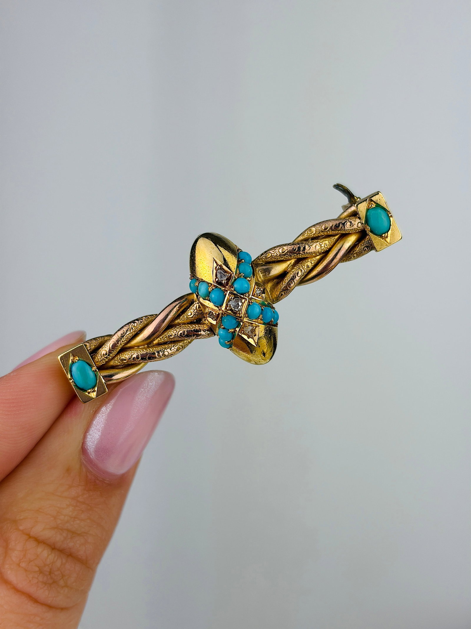 Antique 15ct Yellow Gold Turquoise and Rose Cut Diamond Bar Brooch - 2