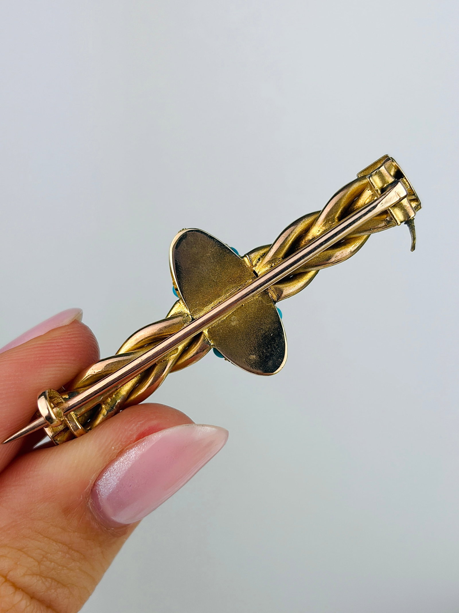 Antique 15ct Yellow Gold Turquoise and Rose Cut Diamond Bar Brooch - 4
