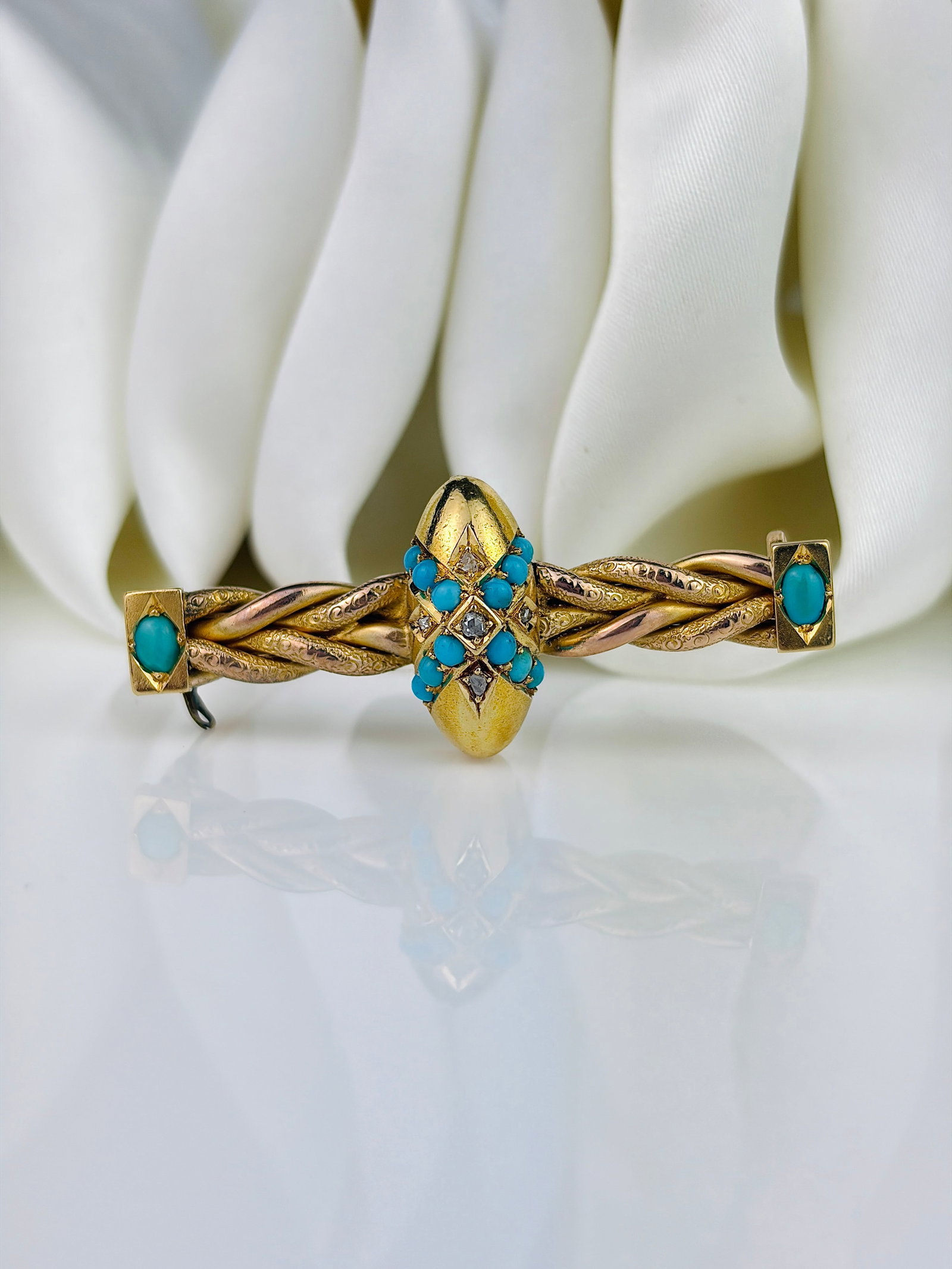 Antique 15ct Yellow Gold Turquoise and Rose Cut Diamond Bar Brooch - 5