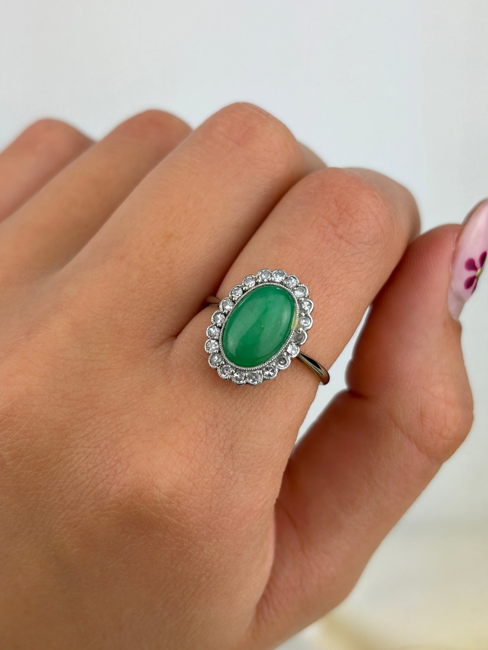 ANTIQUE ART DECO PLATINUM CABOCHON JADE AND DIAMOND CLUSTER RING - 8