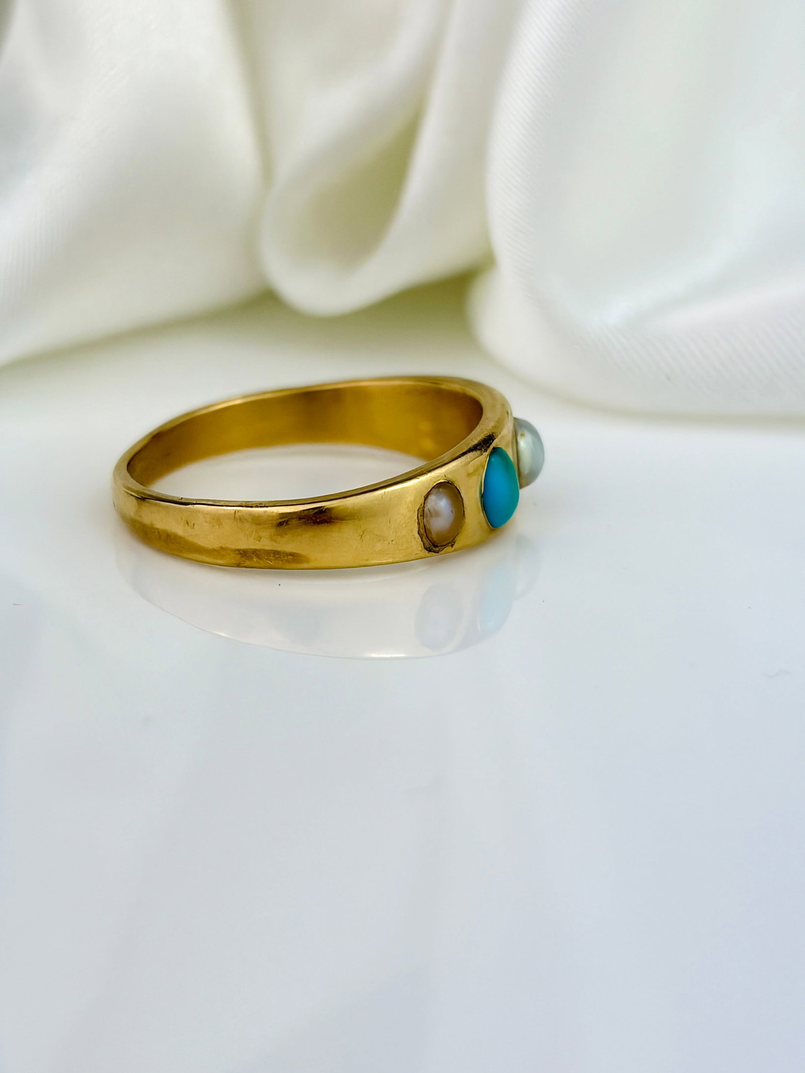 ANTIQUE 15CT YELLOW GOLD TURQUOISE AND PEARL 5 STONE RING - 3