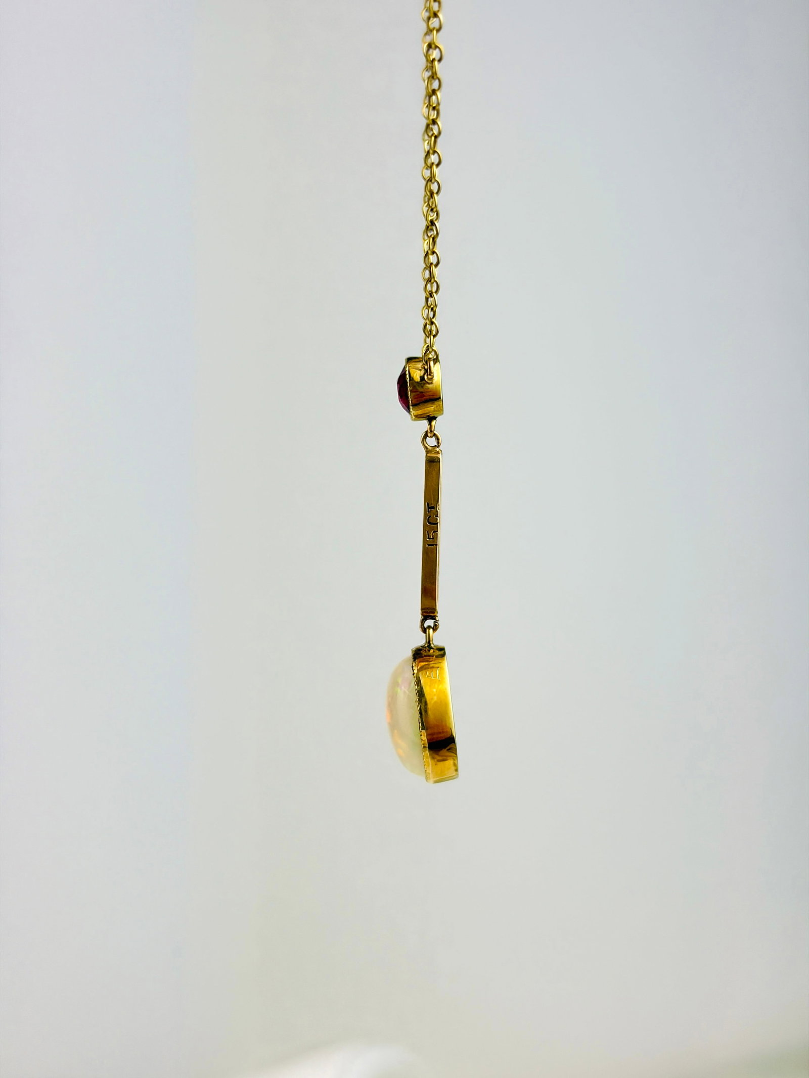 ANTIQUE BOXED OPAL AND RUBY DROP NECKLACE IN 15CT YELLOW GOLD - 3