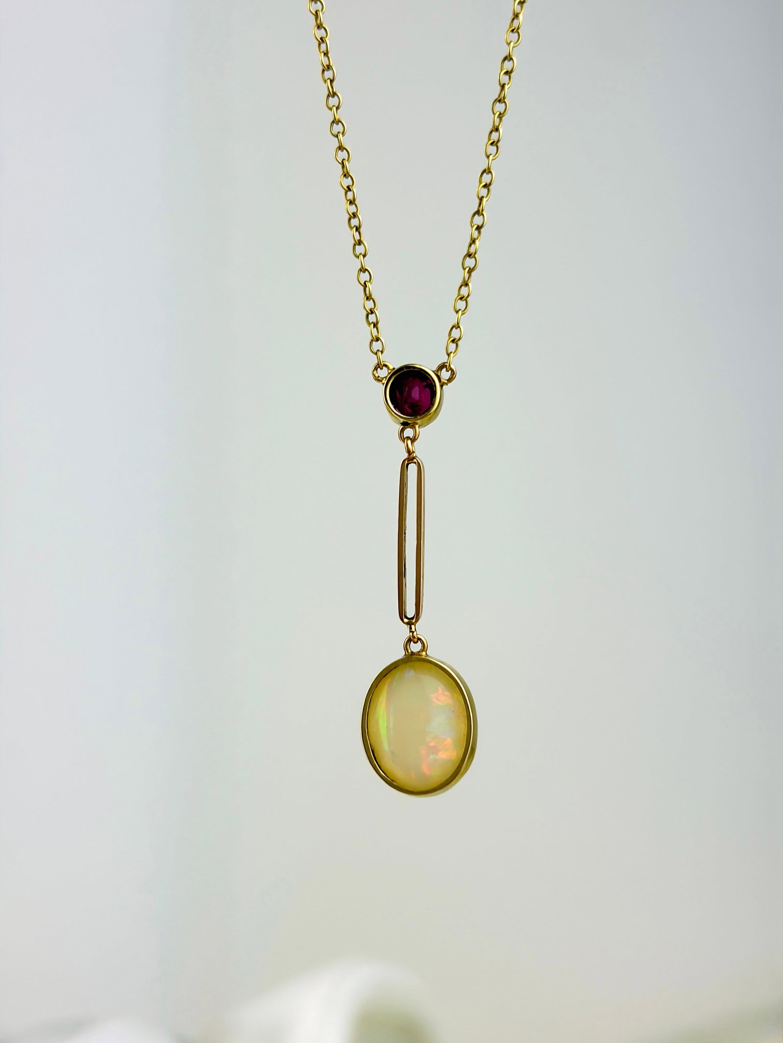 ANTIQUE BOXED OPAL AND RUBY DROP NECKLACE IN 15CT YELLOW GOLD - 4