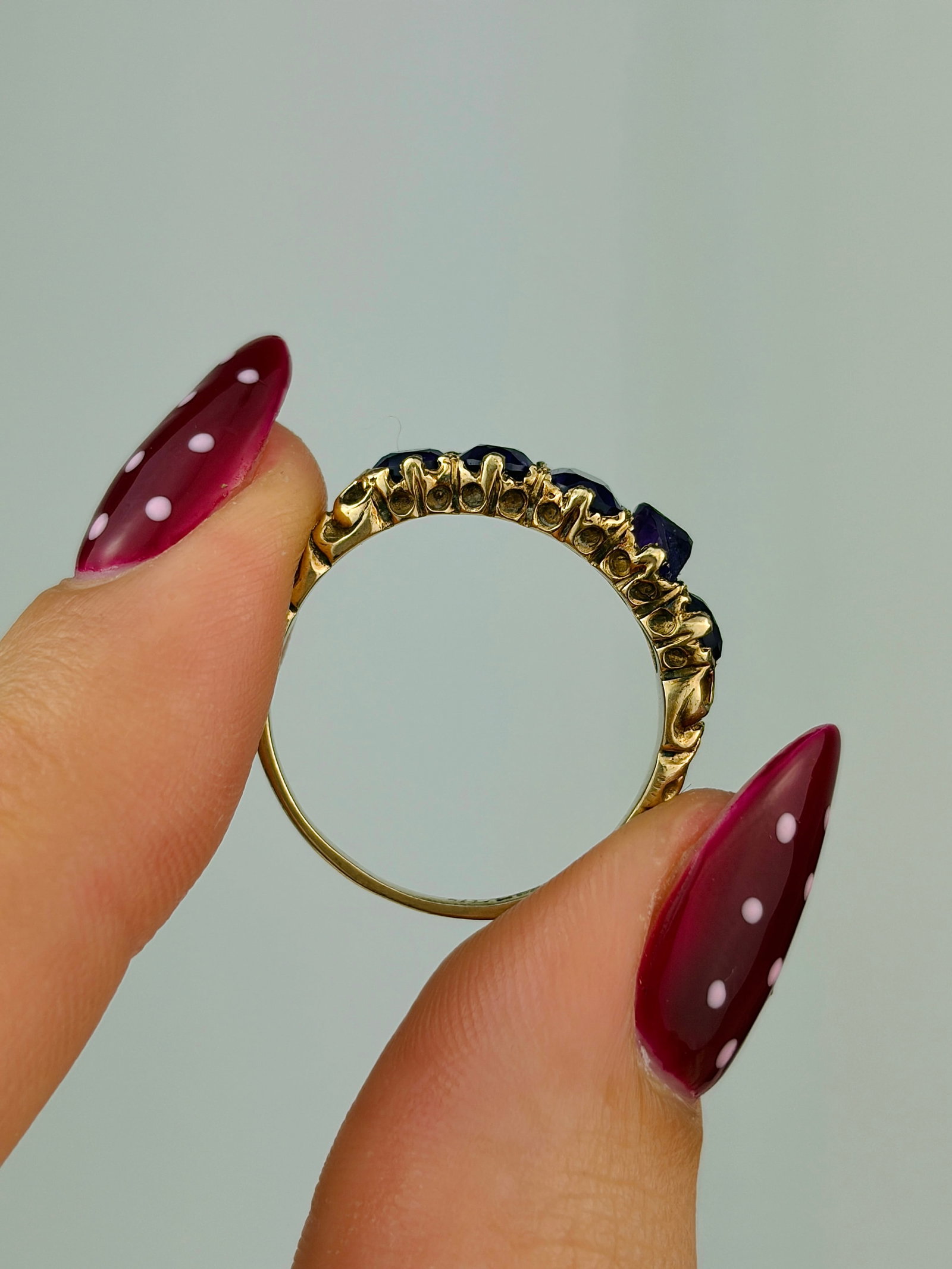 Vintage 9ct yellow gold amethyst 5 stone ring - 6