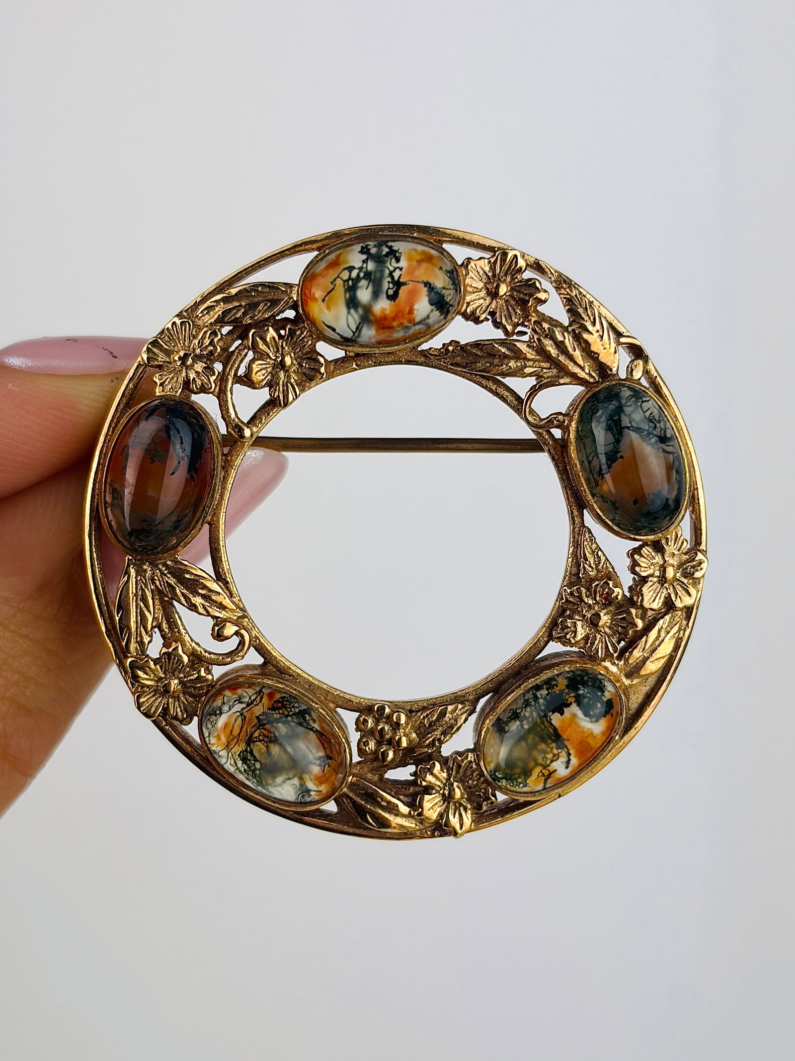 Rare Vintage 9ct Gold Scottish Cabochon Moss Agate Brooch (1 of 7)