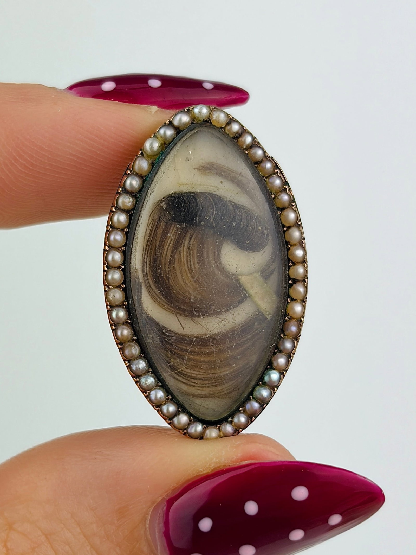 antique gold memorial hair and pearl navette shape brooch: antique gold memorial hair and pearl navette shape brooch