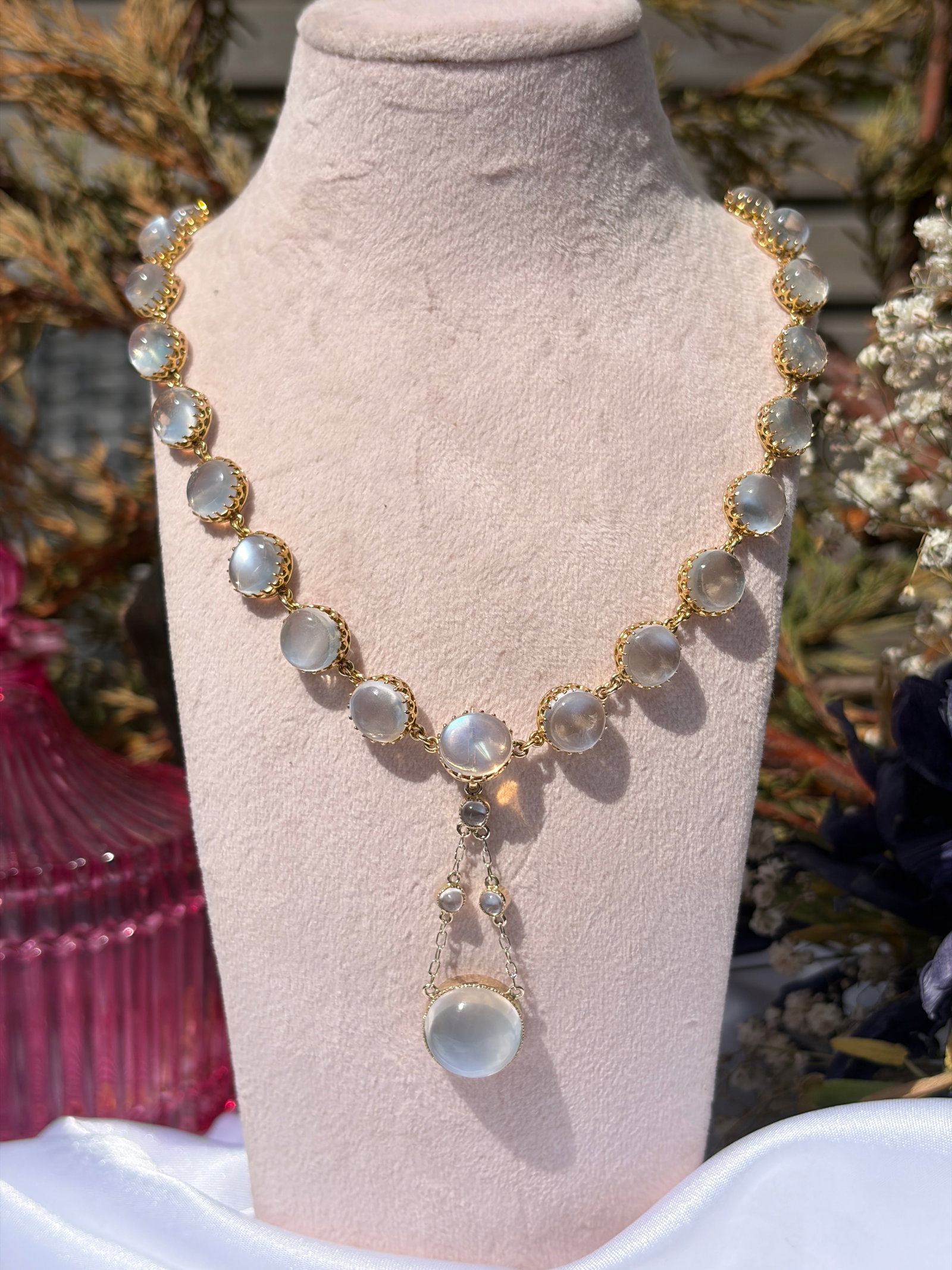 INCREDIBLE BOXED ANTIQUE 9CT YELLOW GOLD CABOCHON MOONSTONE NECKLACE WITH DETACHABLE DROP PENDANT - 4