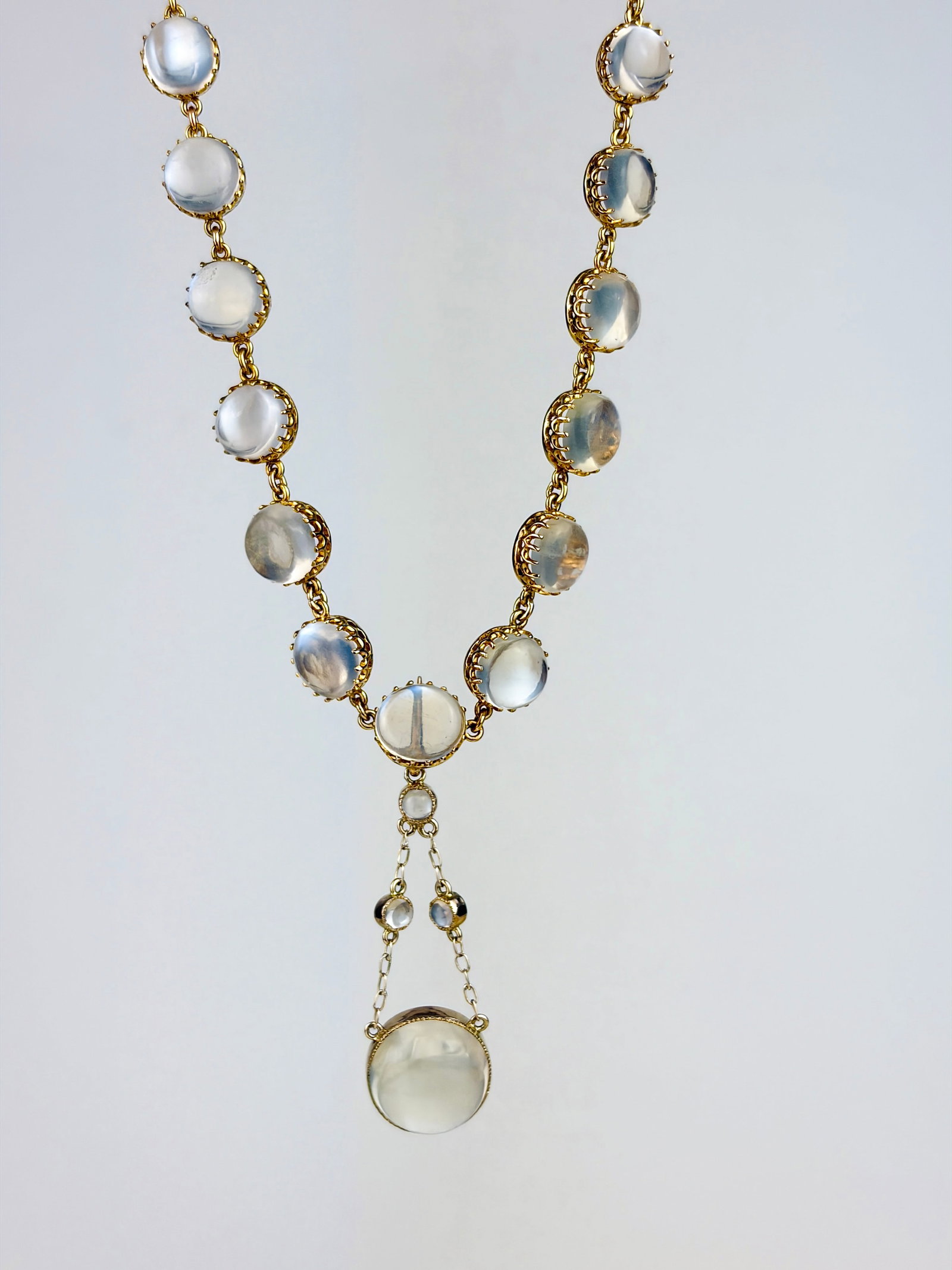 INCREDIBLE BOXED ANTIQUE 9CT YELLOW GOLD CABOCHON MOONSTONE NECKLACE WITH DETACHABLE DROP PENDANT - 5