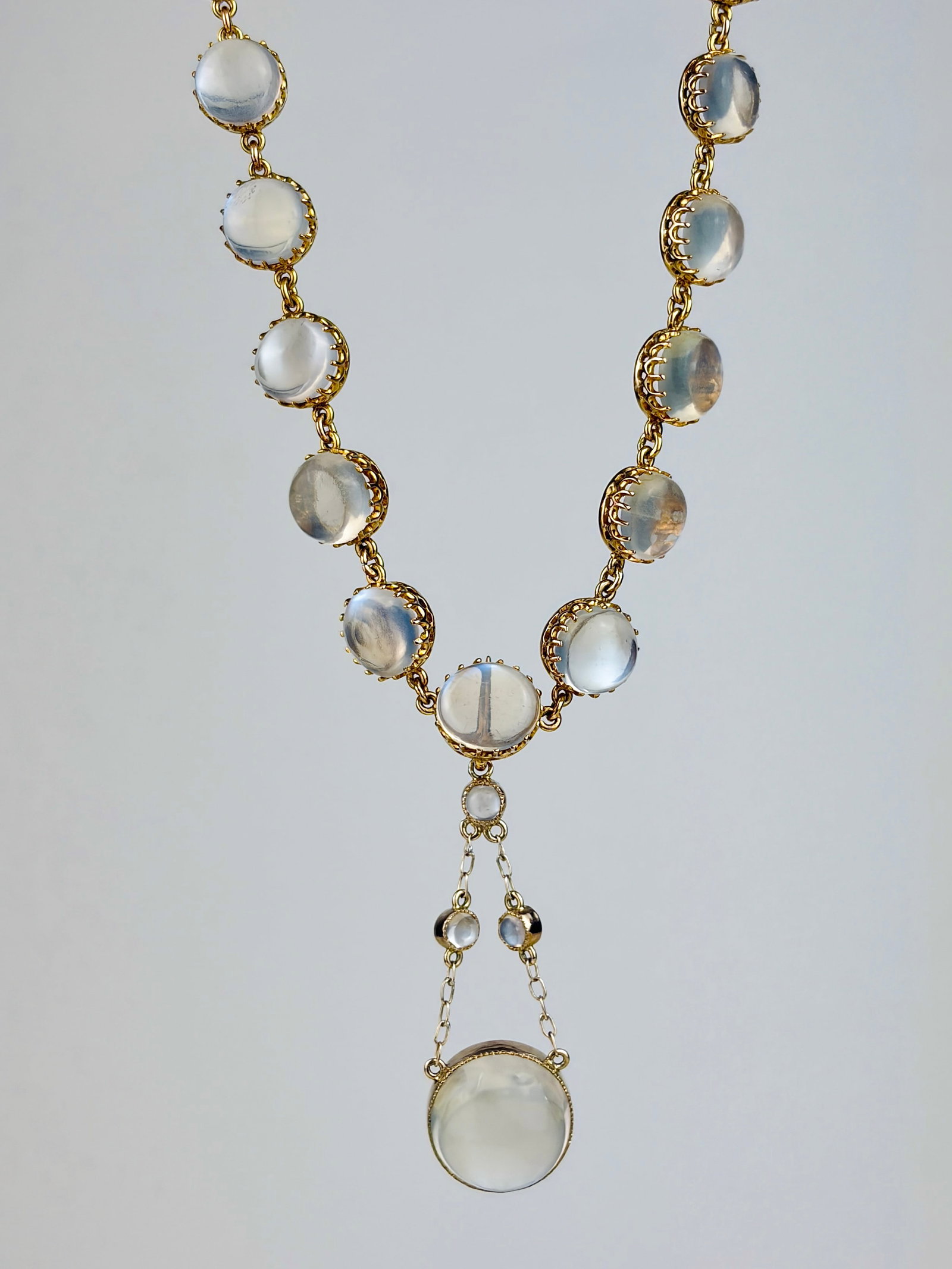 INCREDIBLE BOXED ANTIQUE 9CT YELLOW GOLD CABOCHON MOONSTONE NECKLACE WITH DETACHABLE DROP PENDANT - 6