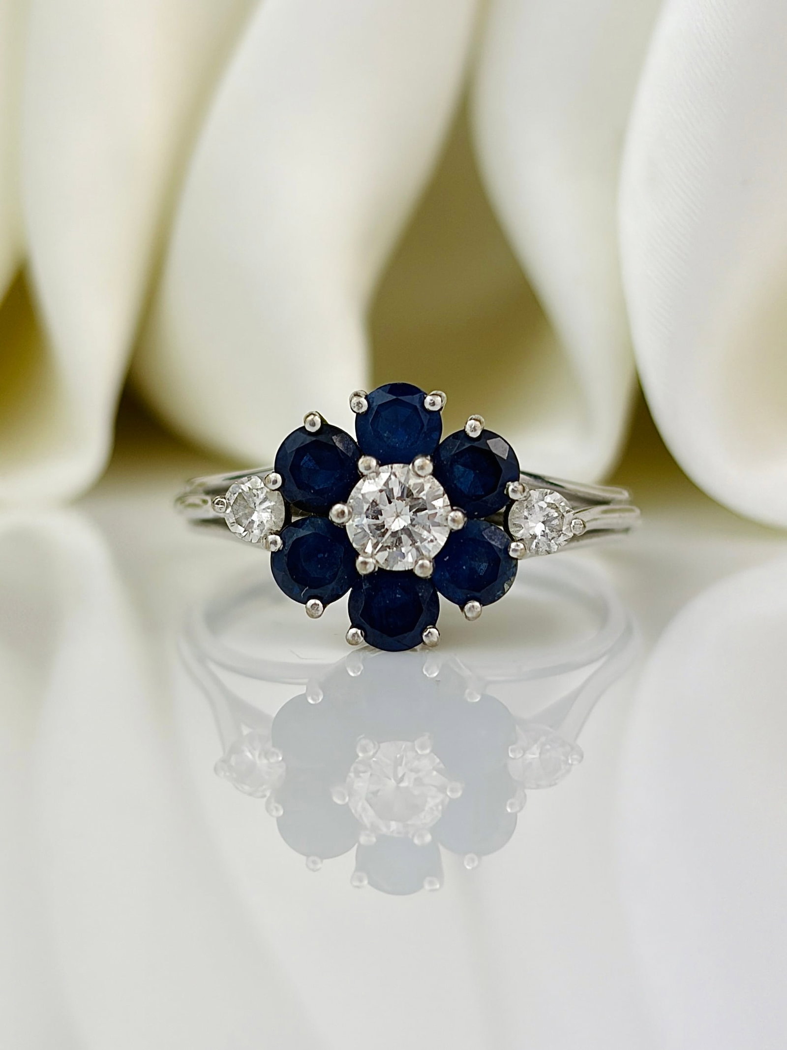 Chunky Vintage Sapphire and Diamond Platinum Cluster Ring (1 of 11)