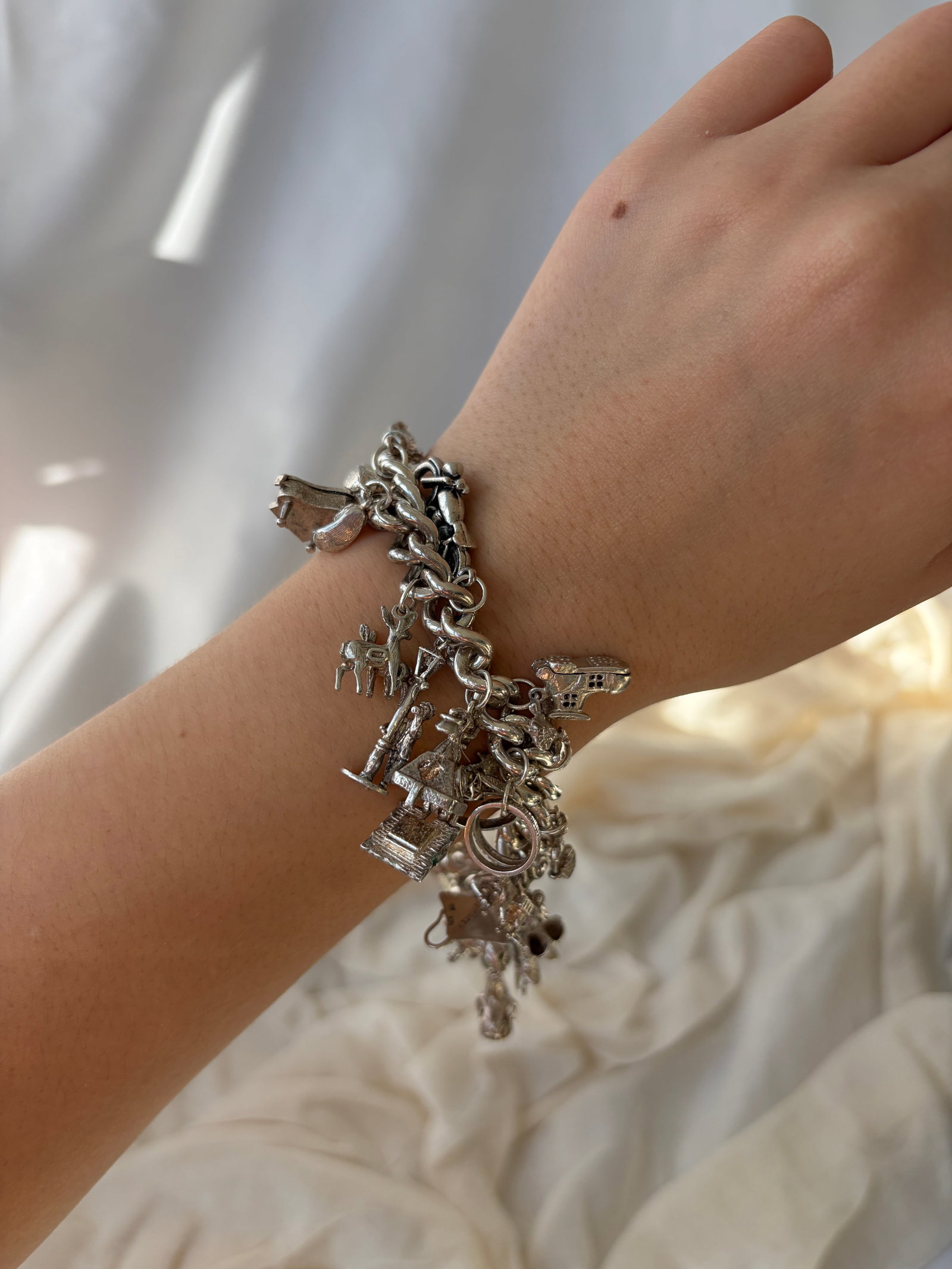 Heavy Sterling Silver Full Charm Bracelet with Opening Charms - 10