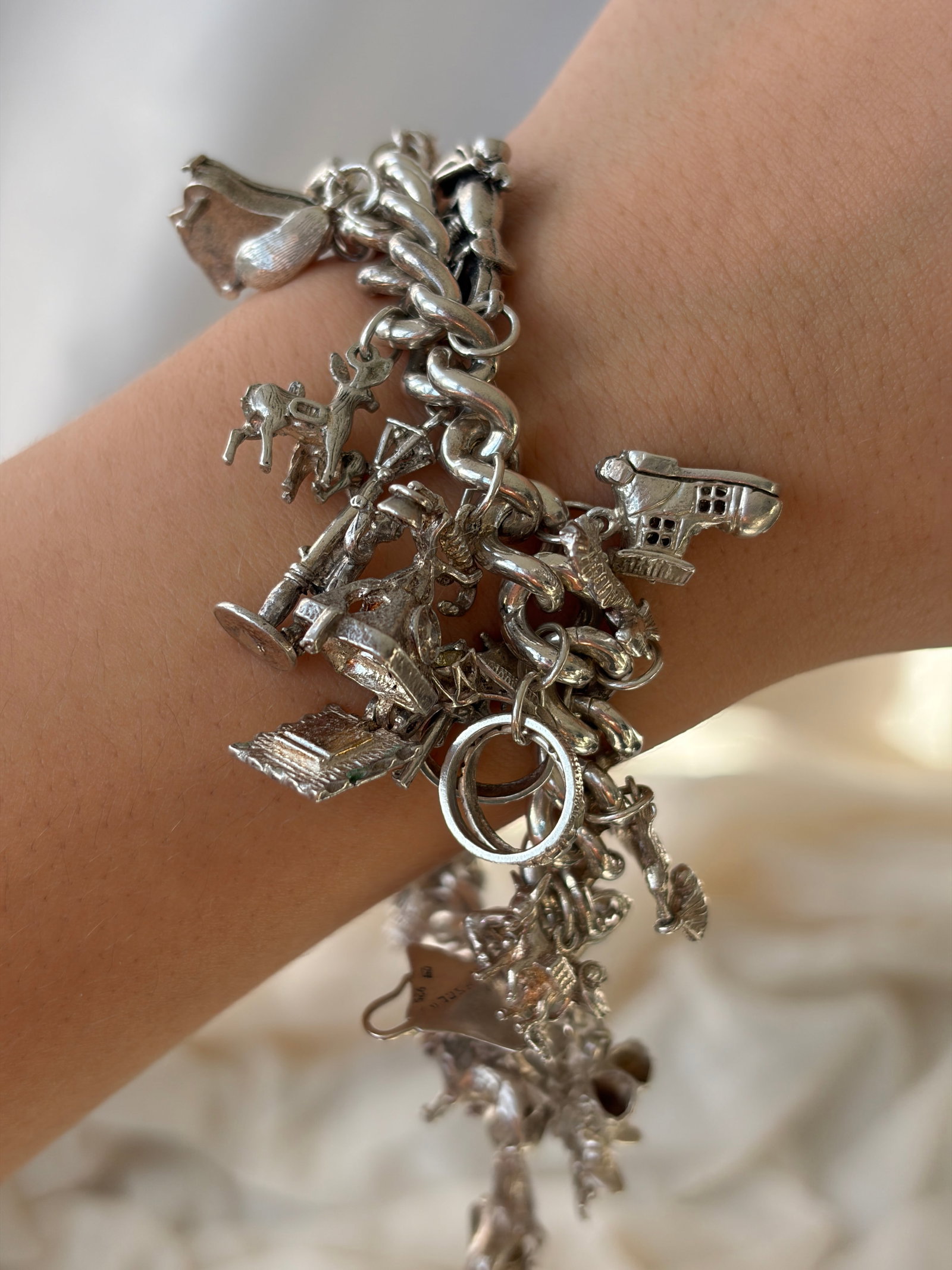 Heavy Sterling Silver Full Charm Bracelet with Opening Charms - 11