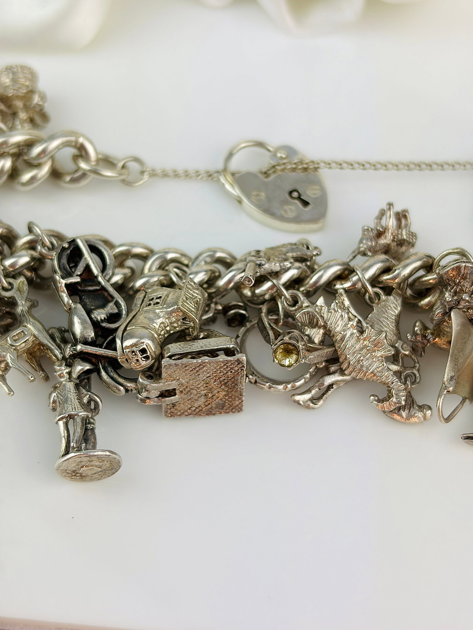 Heavy Sterling Silver Full Charm Bracelet with Opening Charms - 6