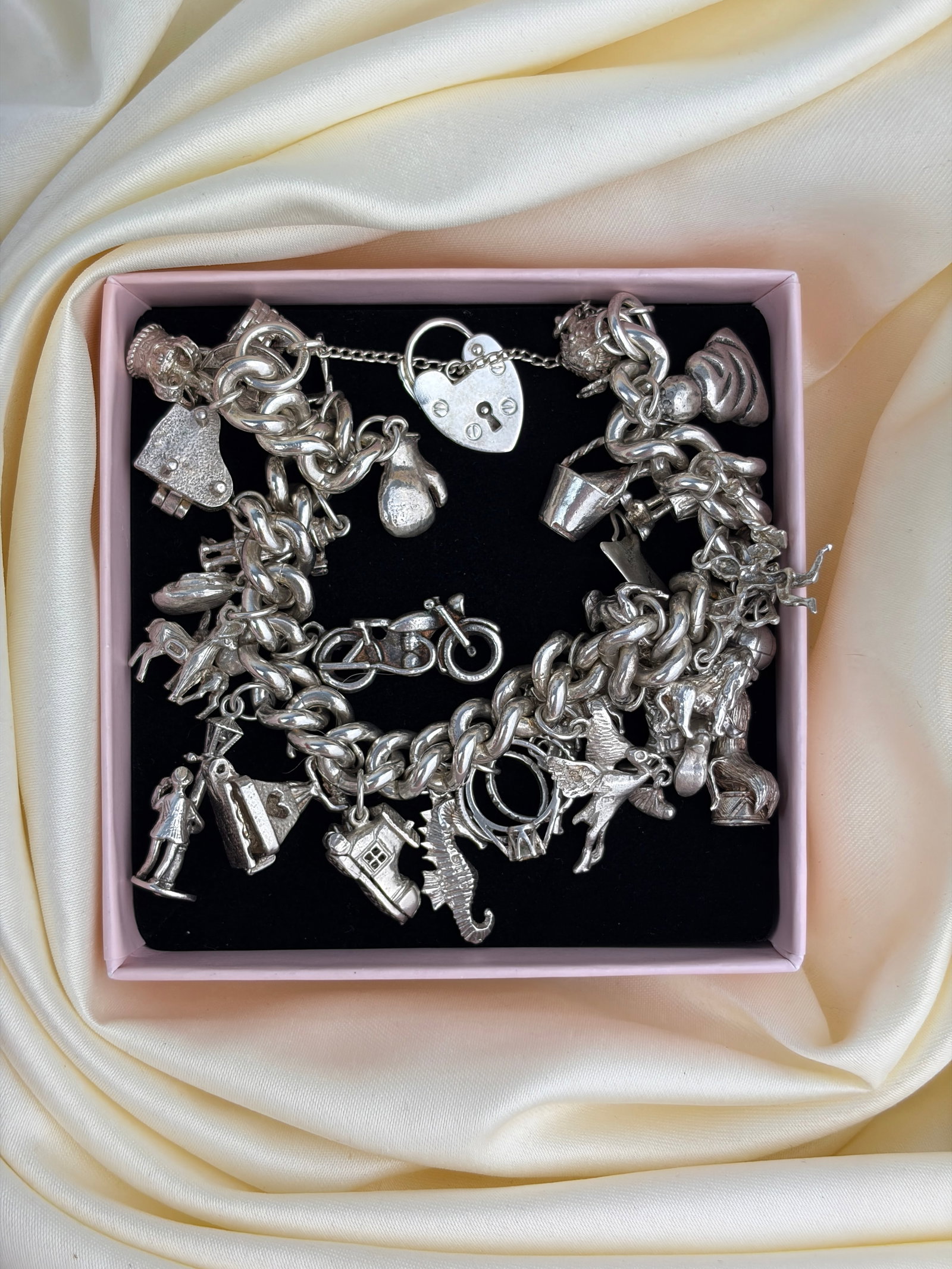 Heavy Sterling Silver Full Charm Bracelet with Opening Charms - 9