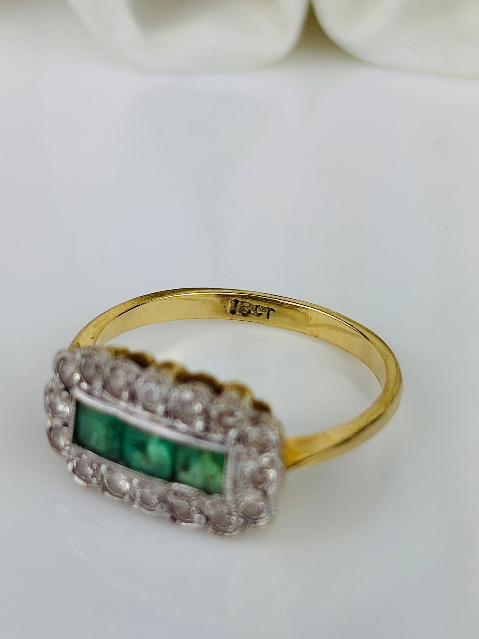 Emerald and Diamond 18ct Gold Three Stone Cluster Ring - 4