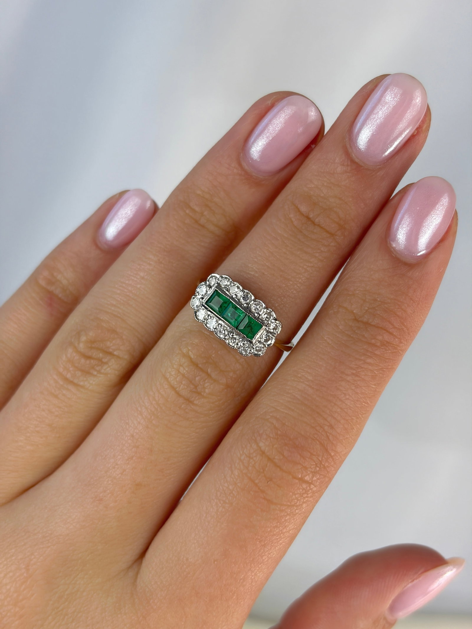 Emerald and Diamond 18ct Gold Three Stone Cluster Ring - 9