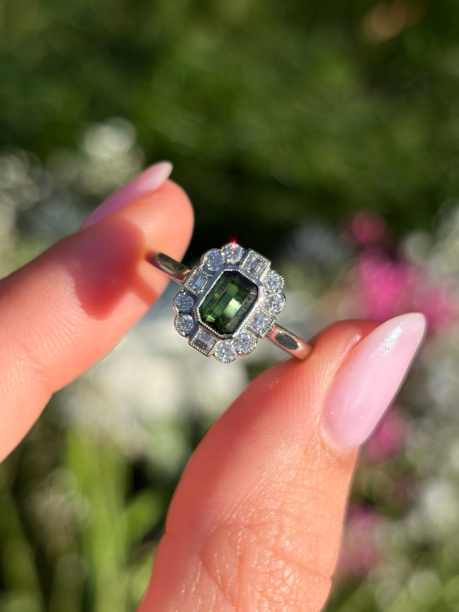 Art Deco Era Green Tourmaline and Diamond Ring In Platinum - 10