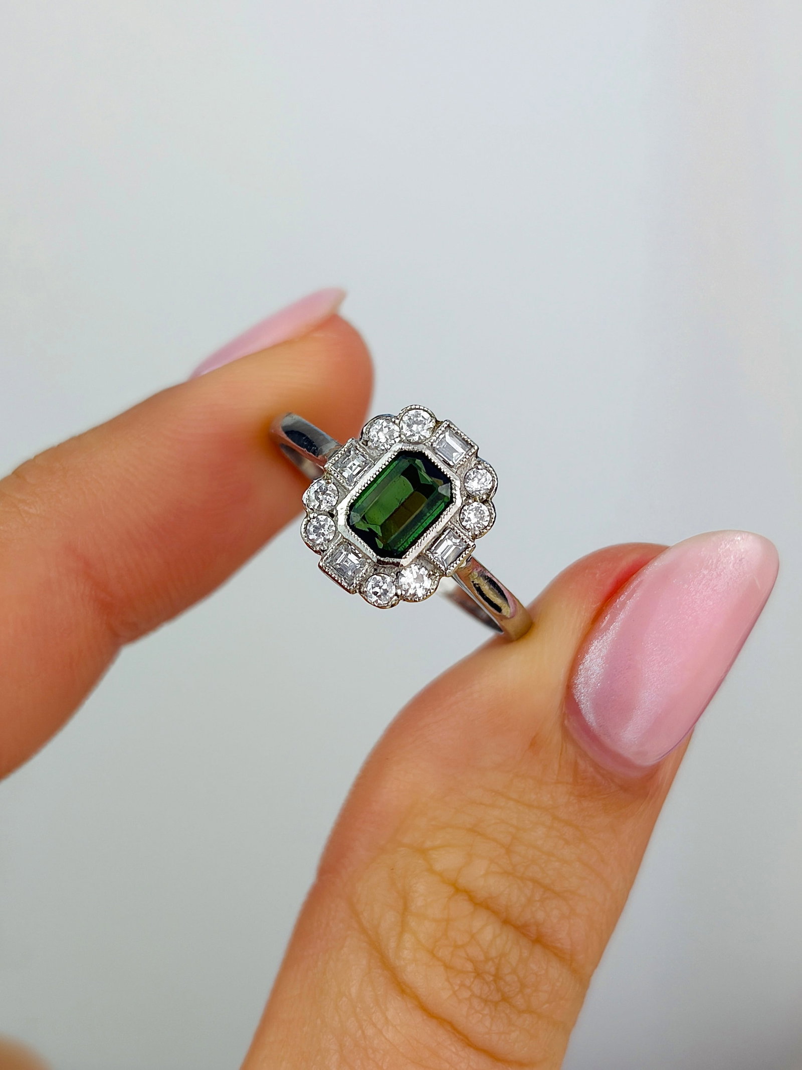 Art Deco Era Green Tourmaline and Diamond Ring In Platinum - 5