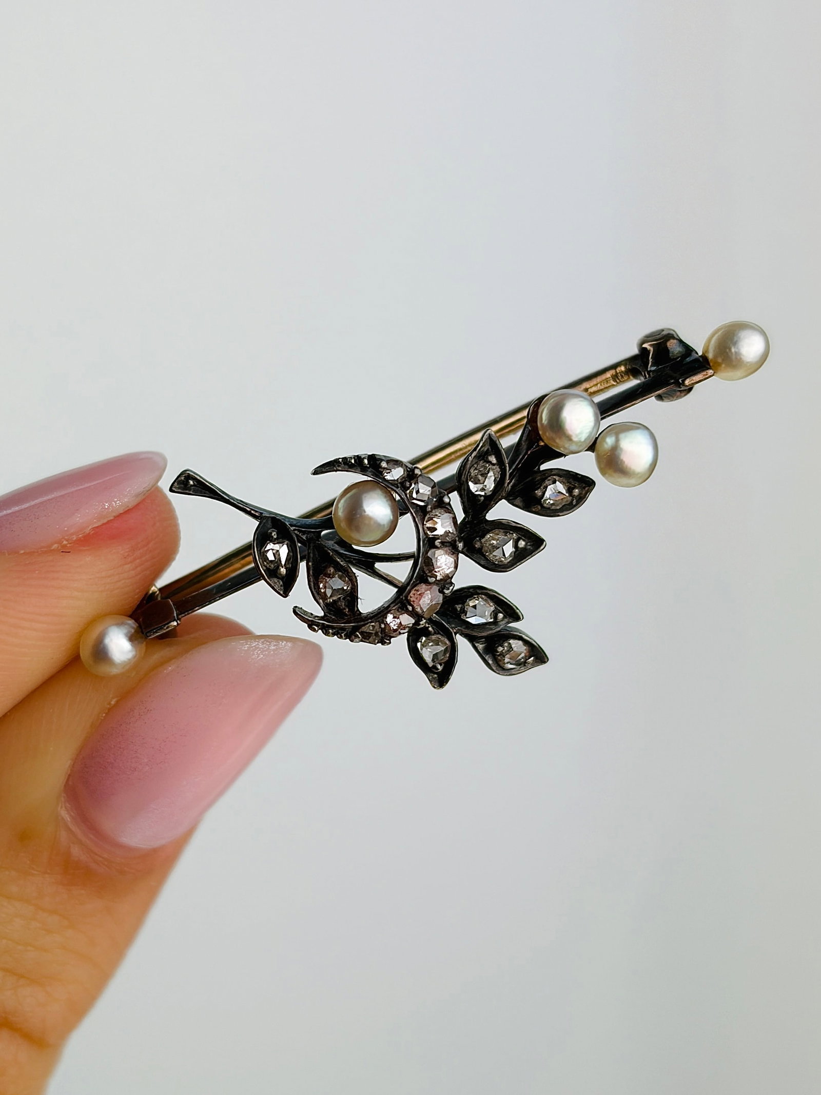 Antique 9 Carat Gold Rose Cut Diamond and Pearl Brooch