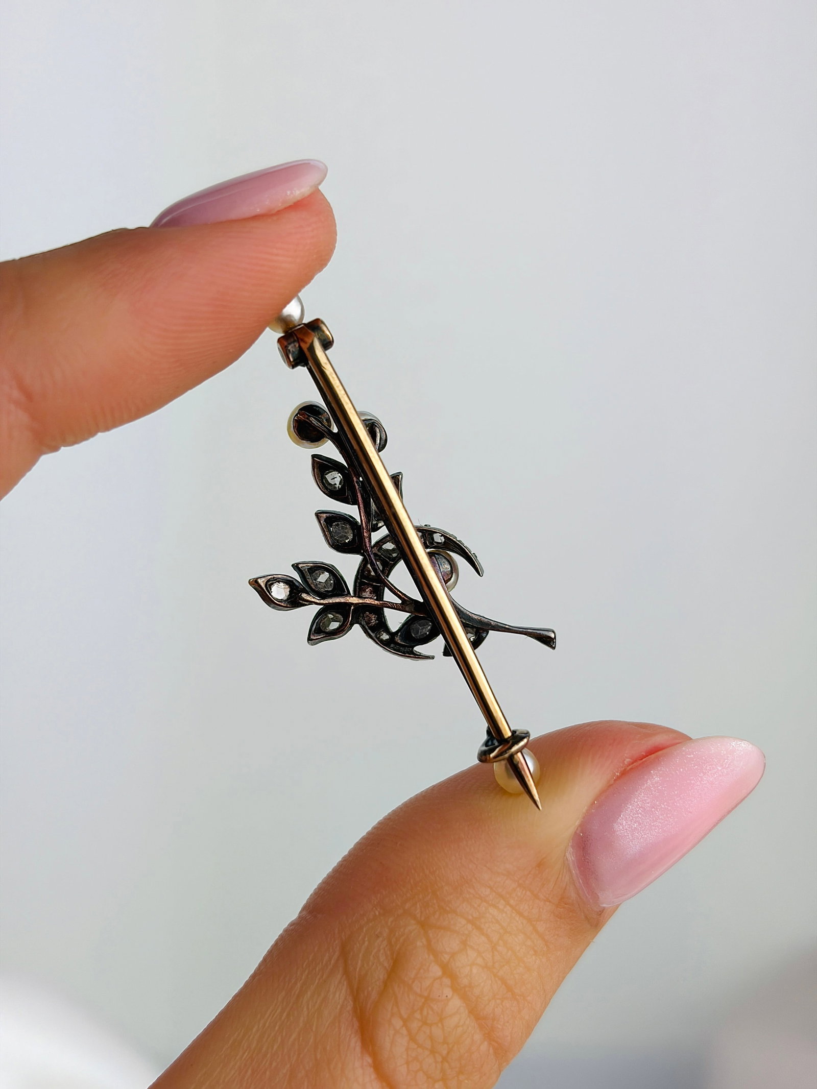 Antique 9 Carat Gold Rose Cut Diamond and Pearl Brooch - 3