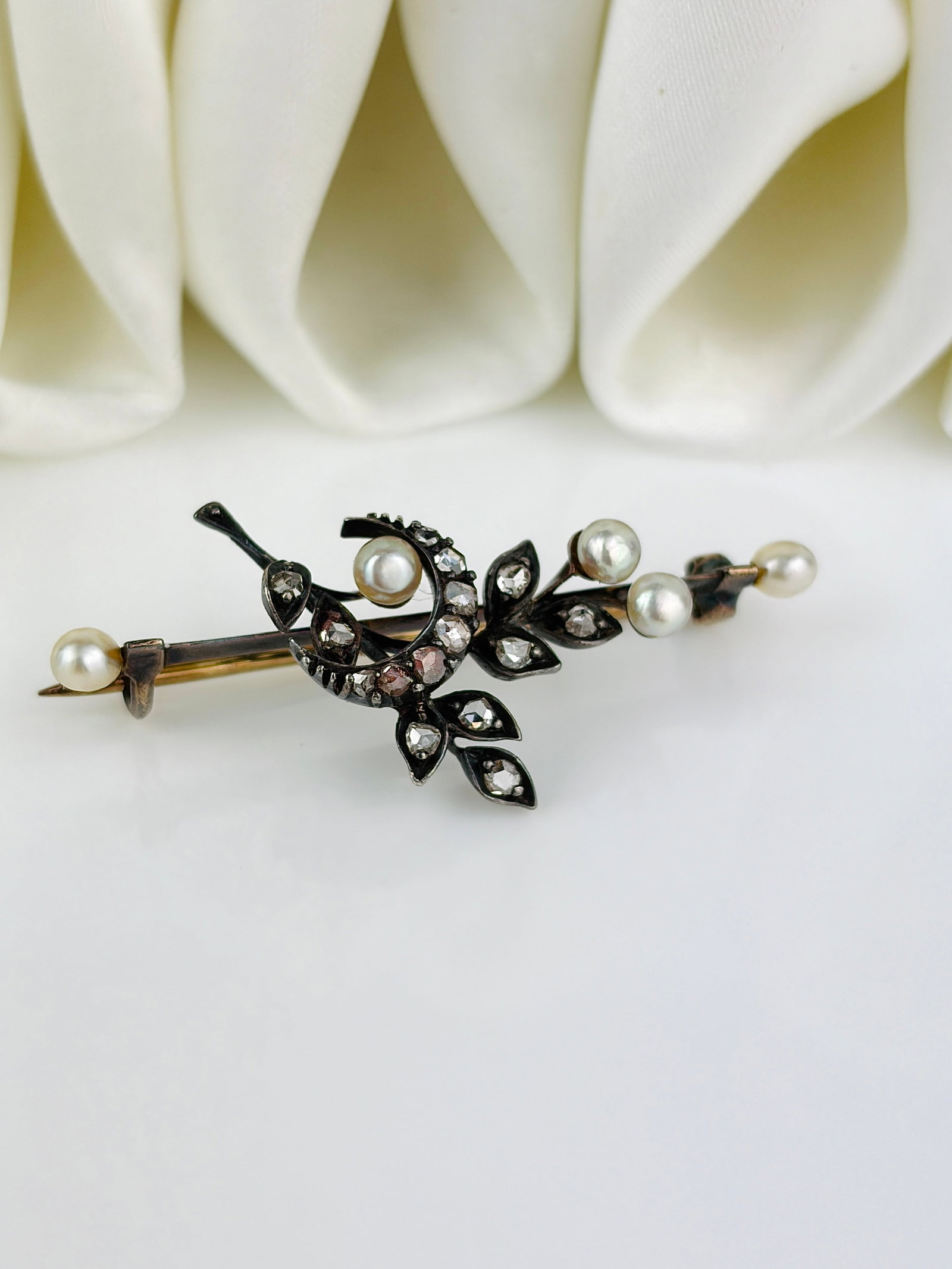 Antique 9 Carat Gold Rose Cut Diamond and Pearl Brooch - 4