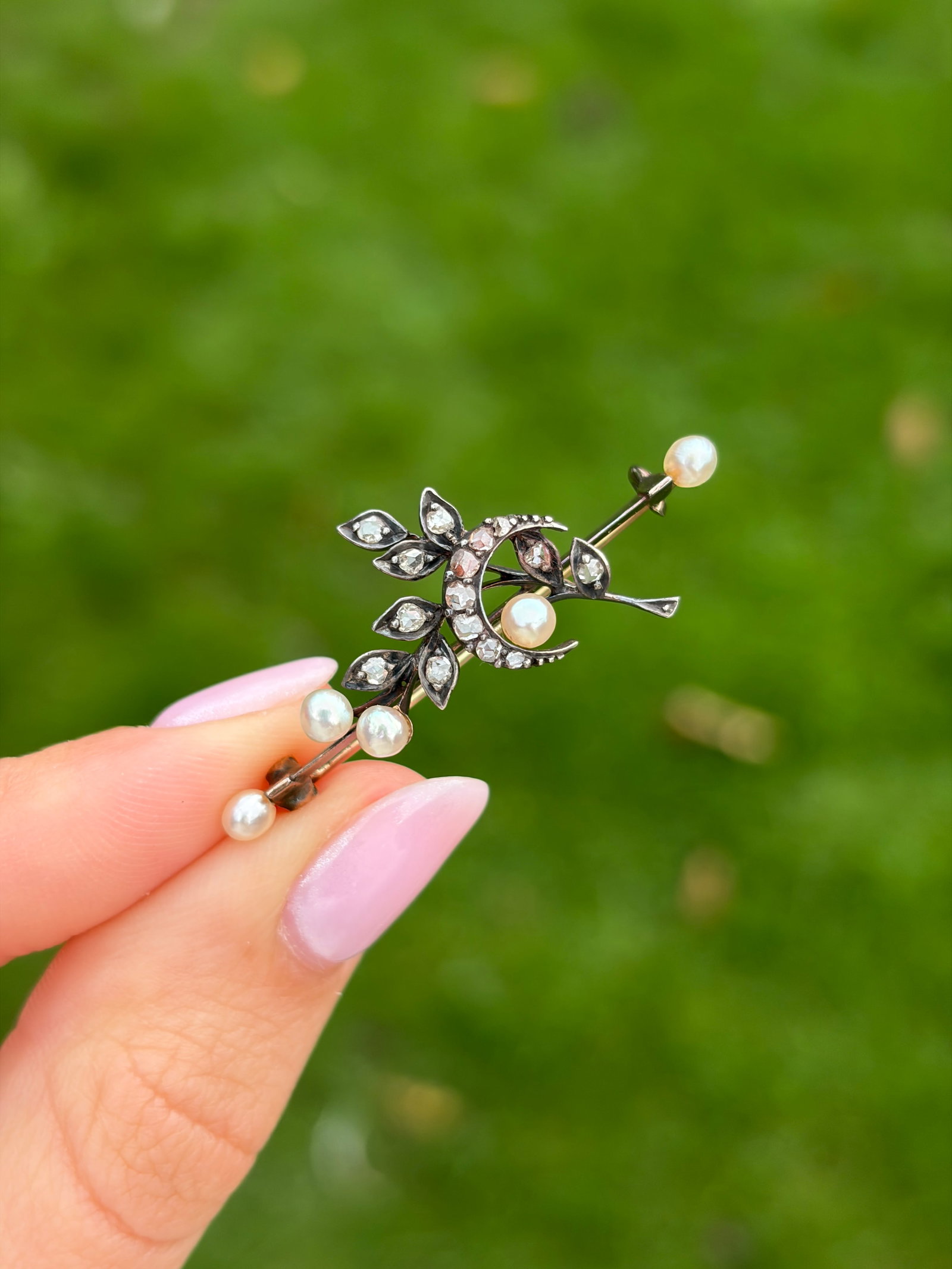 Antique 9 Carat Gold Rose Cut Diamond and Pearl Brooch - 9