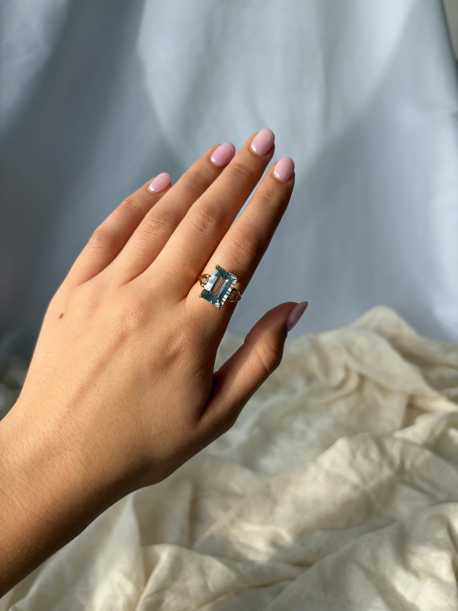 Aquamarine and Diamond 14 Carat Gold Three Stone Ring - 9