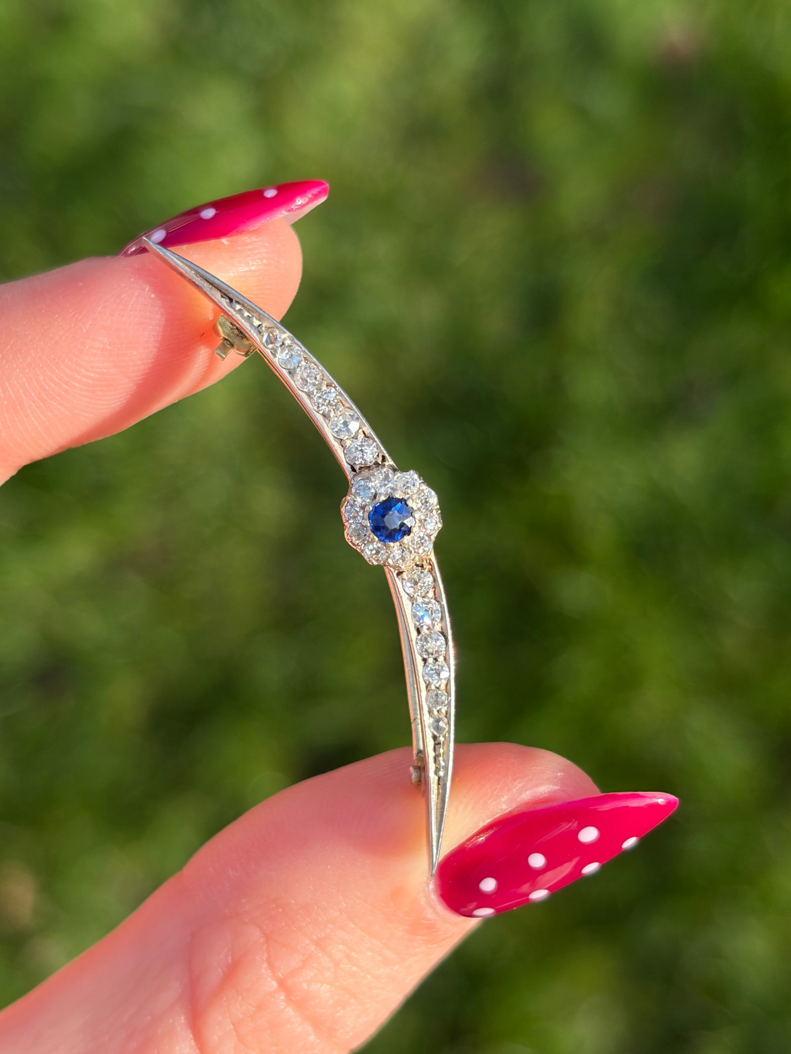 Antique Gold Sapphire and Diamond Crescent / Flower Brooch in Fitted Box - 11