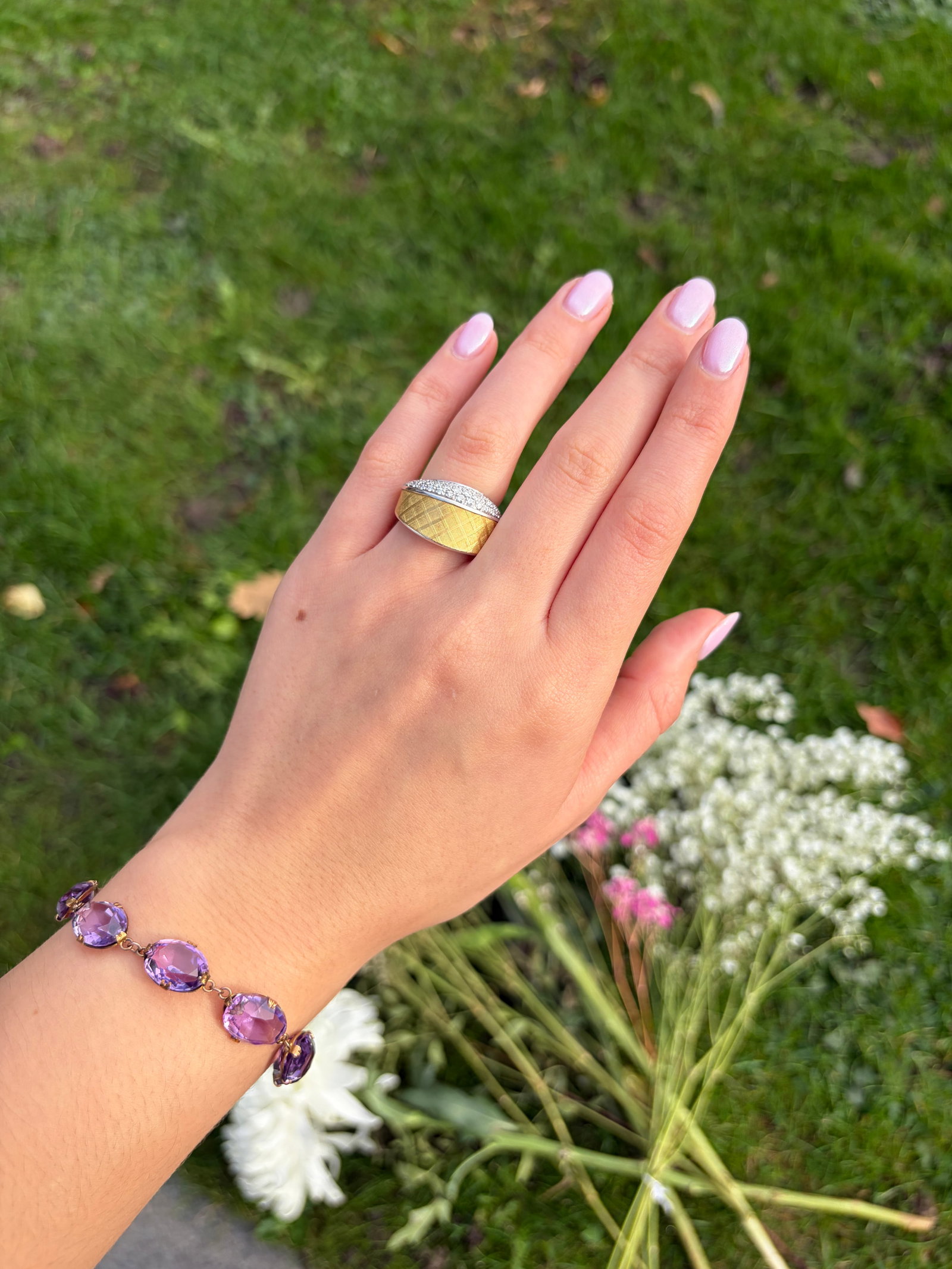 Italian 18 Carat White and Yellow Gold Diamond wide band style Ring - 10