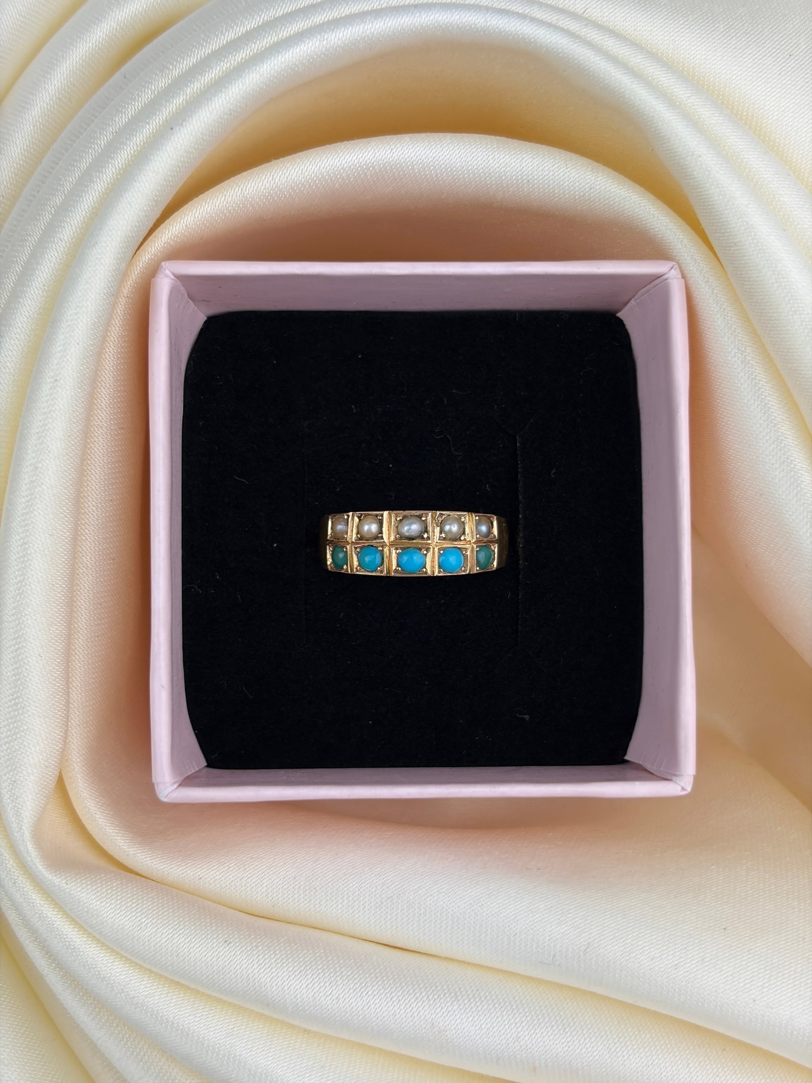 antique c.1881 15ct yellow gold pearl and turquoise two row ring - 5