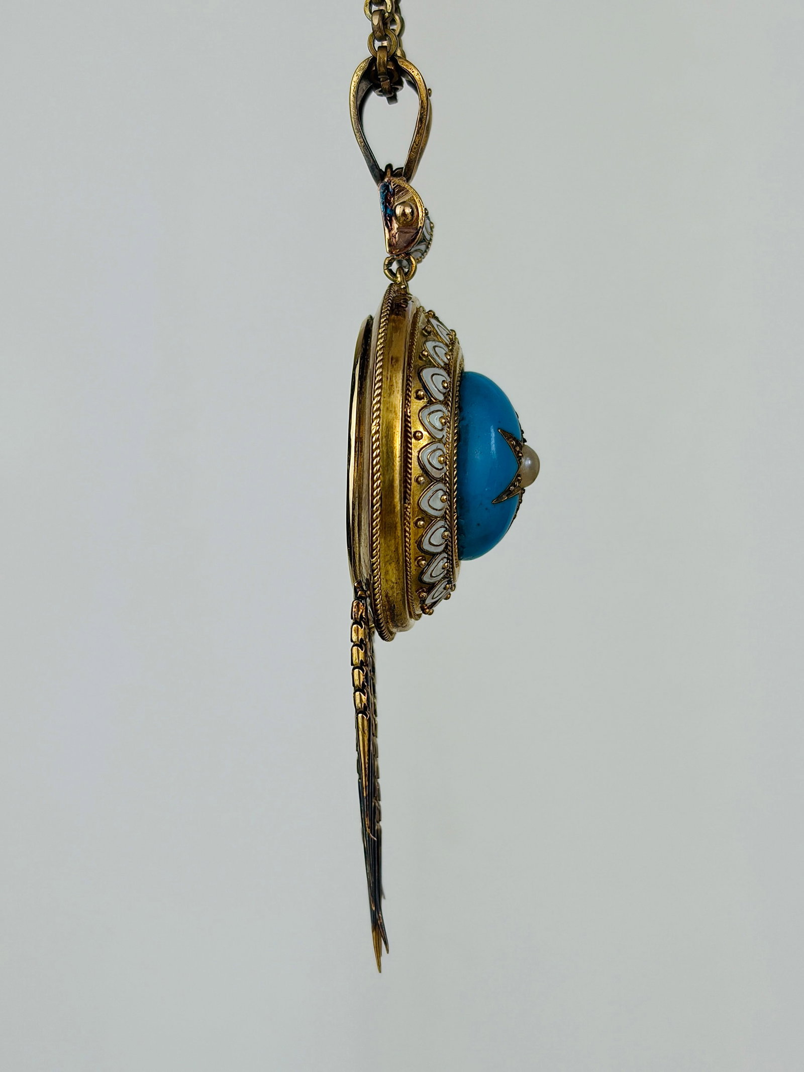Antique Boxed Blue and White Enamel and Pearl Fringe Locket Back Pendant - 4