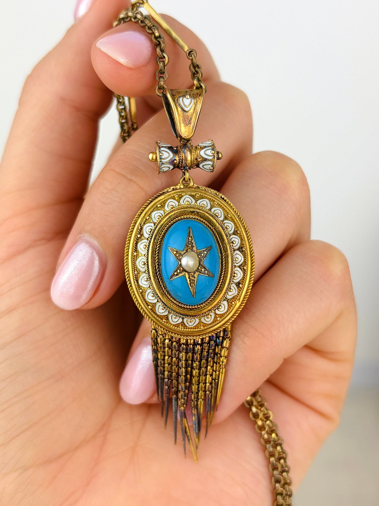 Antique Boxed Blue and White Enamel and Pearl Fringe Locket Back Pendant - 5