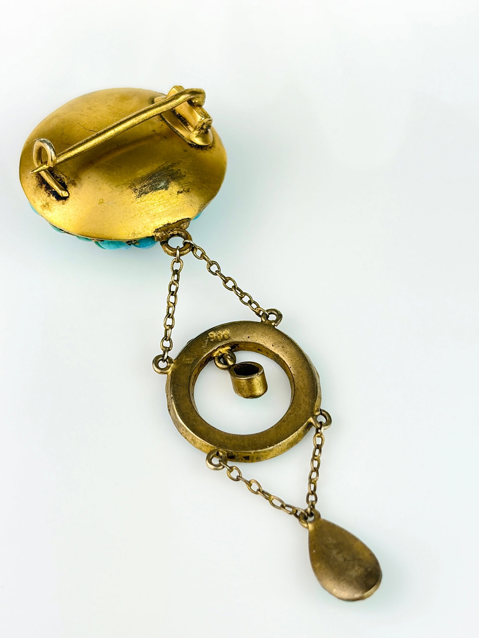 ANTIQUE TURQUOISE BOMBE AND DROP BROOCH IN GILT - 4