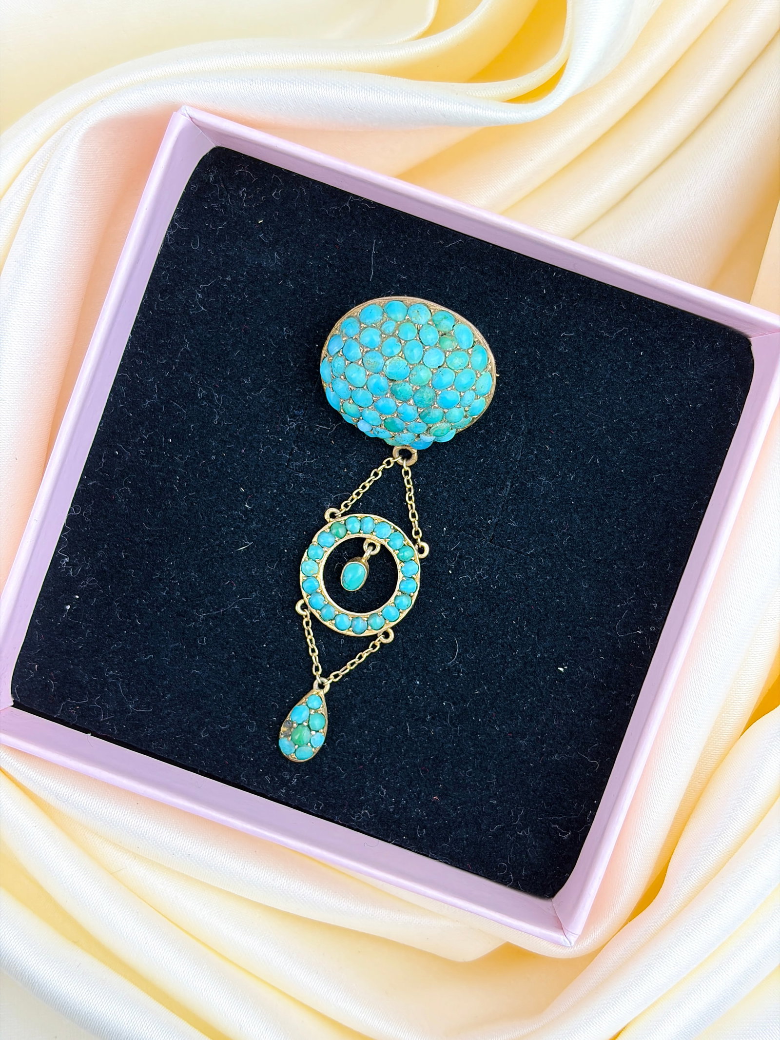 ANTIQUE TURQUOISE BOMBE AND DROP BROOCH IN GILT - 6