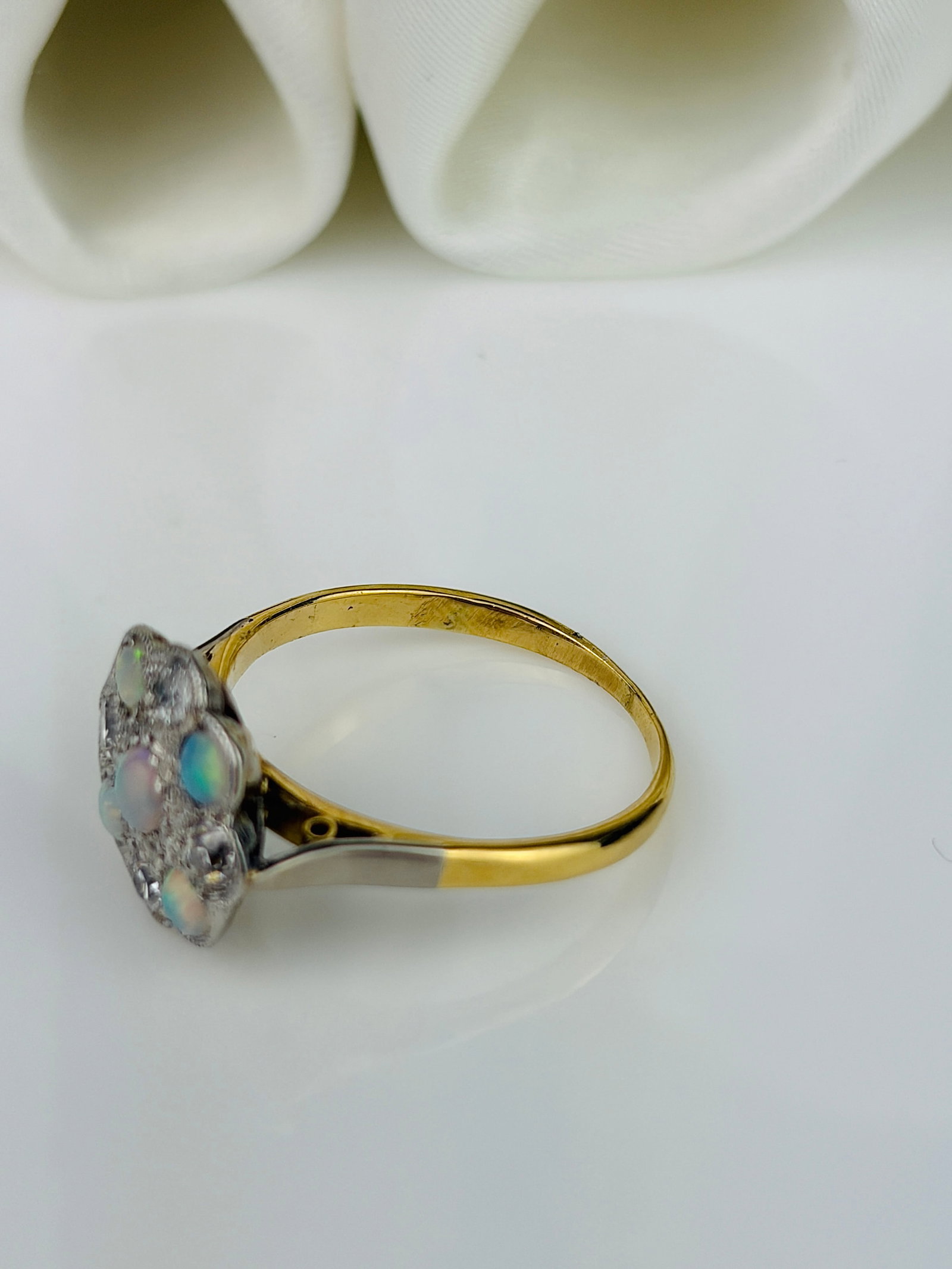 Art Deco 18ct Gold and Platinum Opal and Diamond Panel Ring - 4