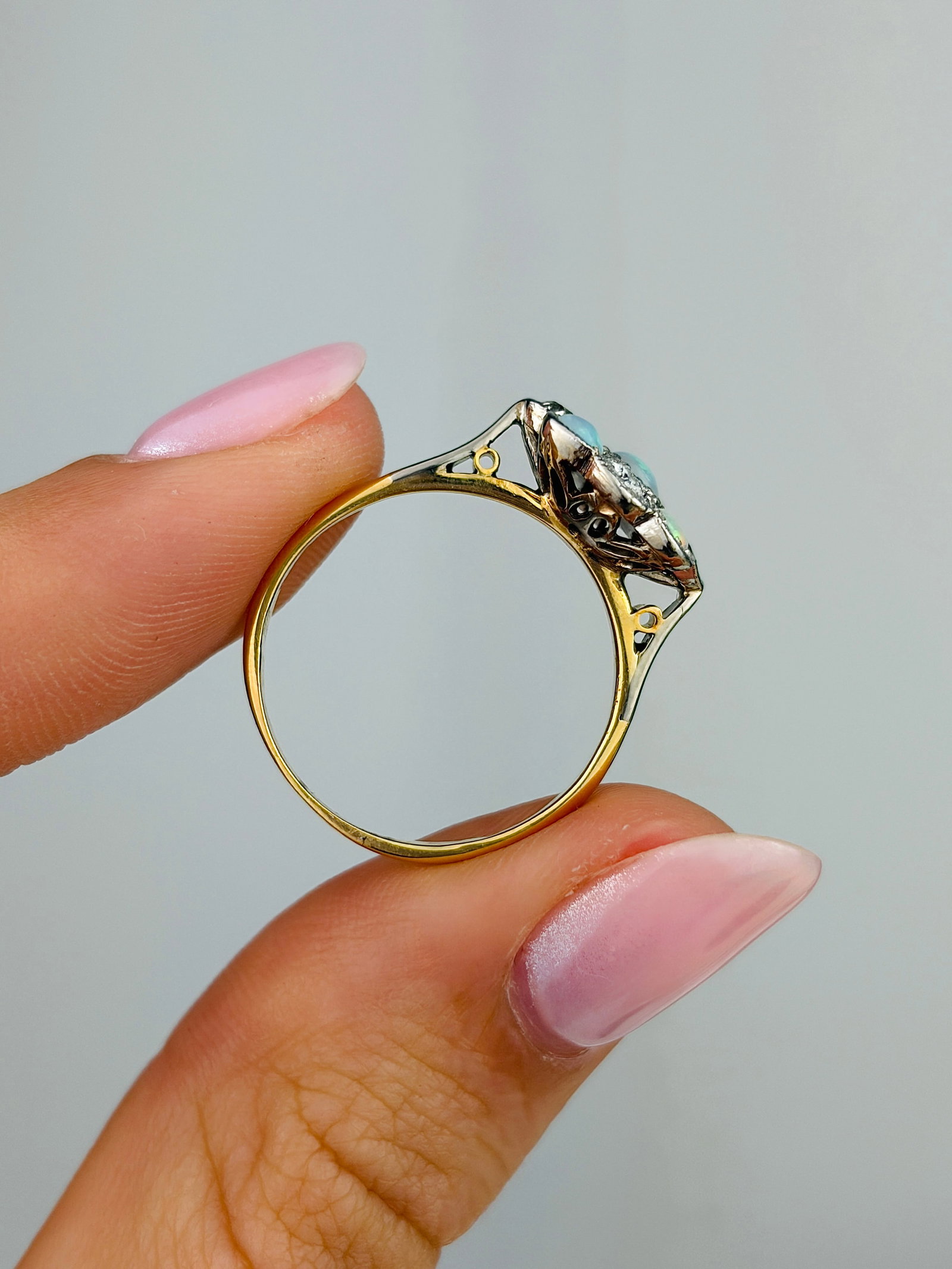 Art Deco 18ct Gold and Platinum Opal and Diamond Panel Ring - 6