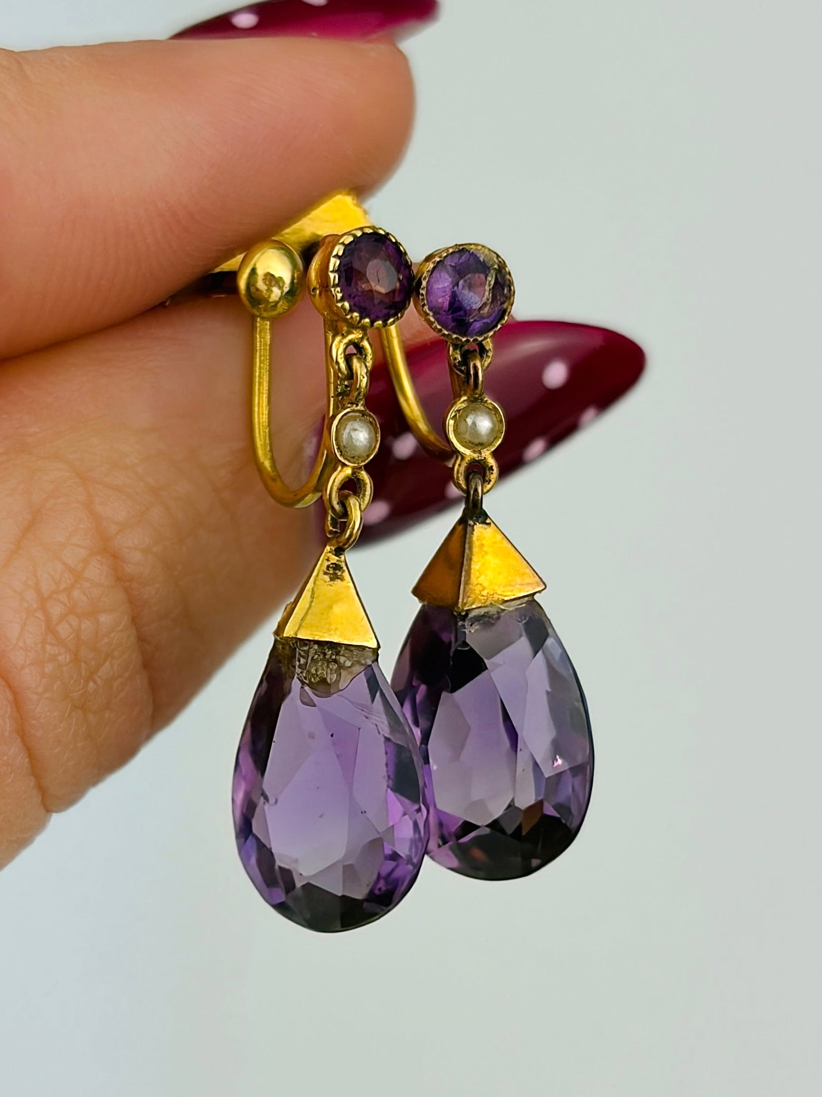 antique 9ct gold amethyst and pearl screw back earrings: antique 9ct gold amethyst and pearl screw back earrings