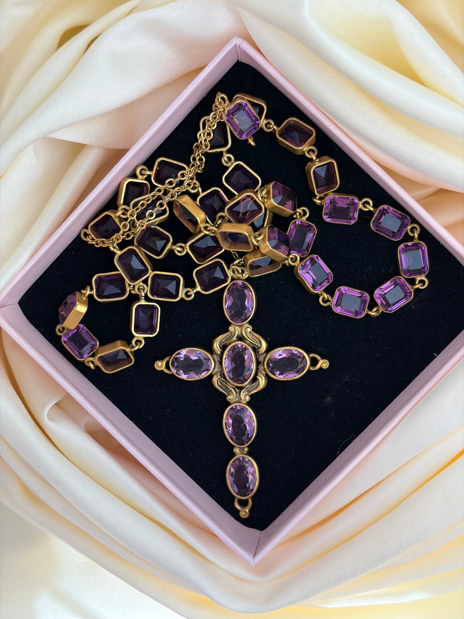 ANTIQUE GILT METAL PURPLE PASTE CROSS PENDANT AND RIVIERE NECKLACE - 13