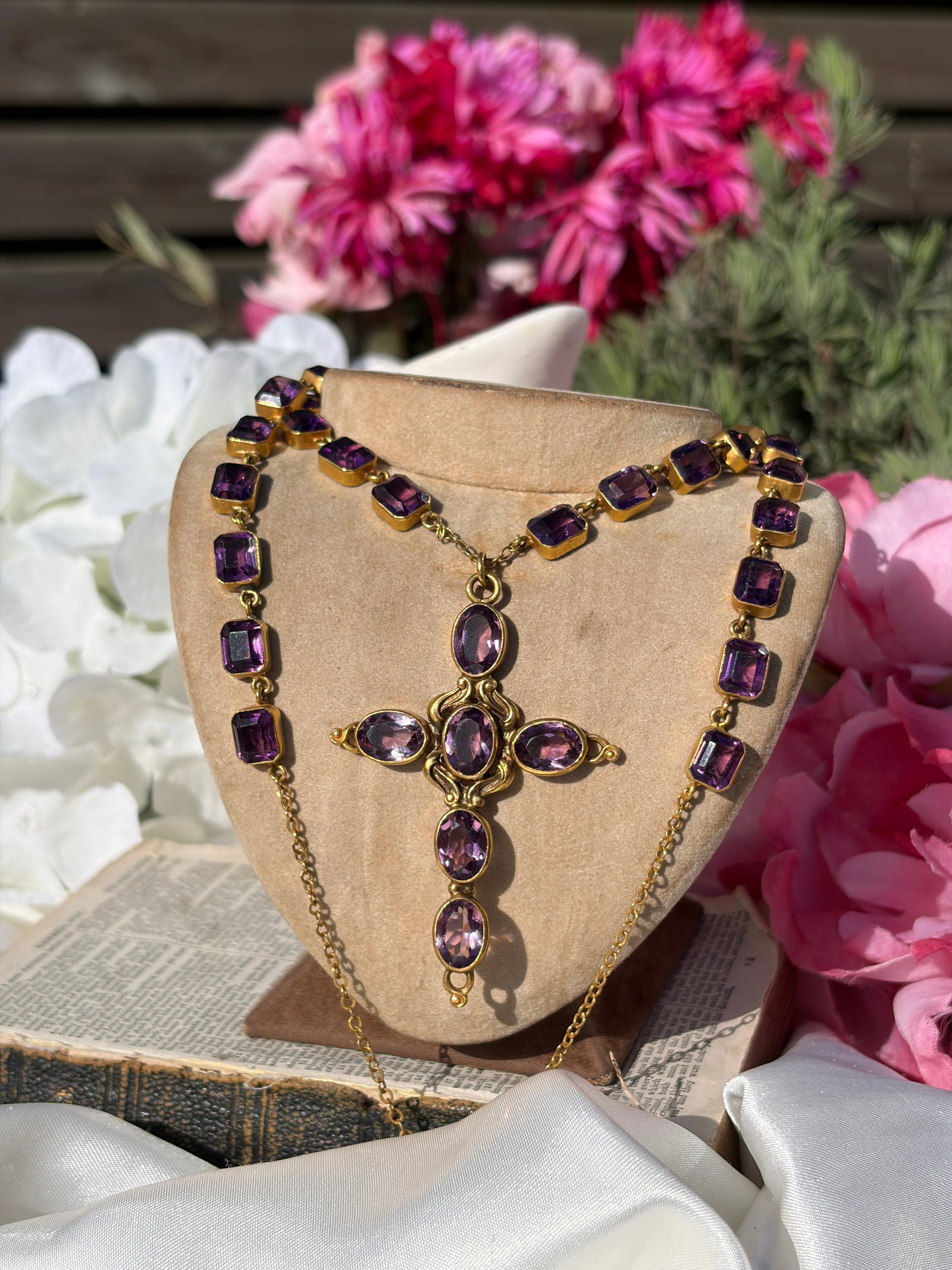 ANTIQUE GILT METAL PURPLE PASTE CROSS PENDANT AND RIVIERE NECKLACE - 3
