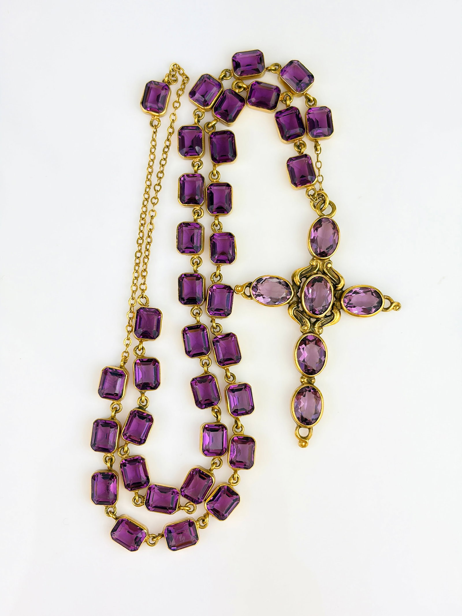 ANTIQUE GILT METAL PURPLE PASTE CROSS PENDANT AND RIVIERE NECKLACE - 8