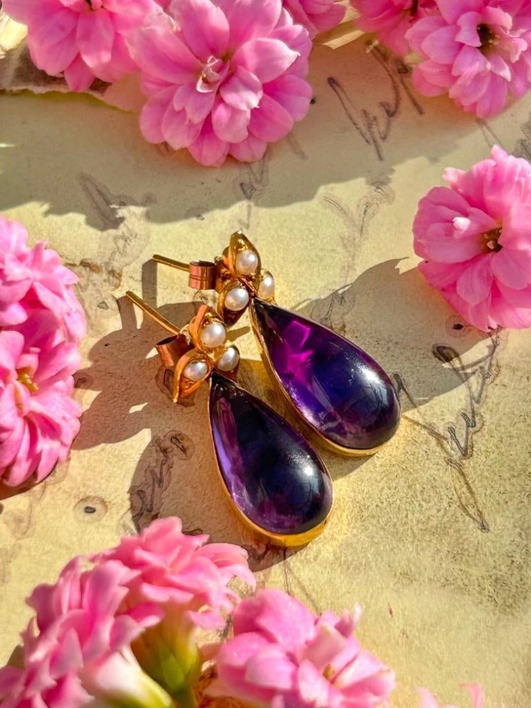 Antique Gold Cabochon Amethyst and Pearl Drop Earrings - 2